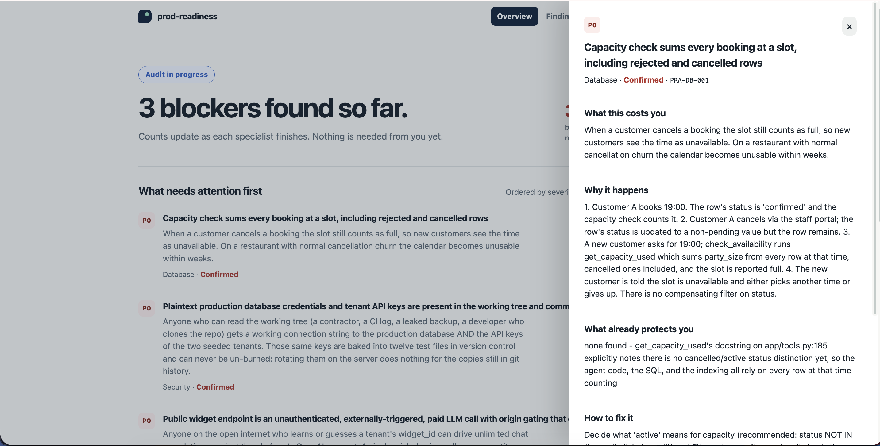 A finding opened in a side panel, showing what it costs you, why it happens,what already protects you, how to fix it, and the exact file locations