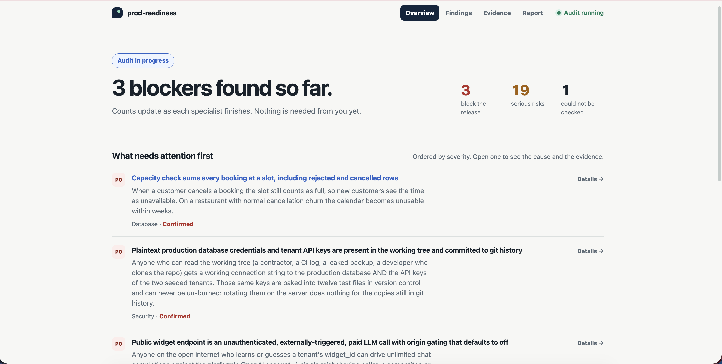 The dashboard's overview: a "Hold — do not deploy" verdict, counts for blockingand serious findings, and the findings that need attention first