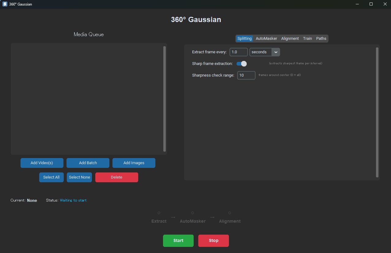 360° Gaussian の Splitting 設定画面