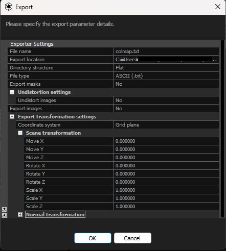 COLMAP エクスポート設定