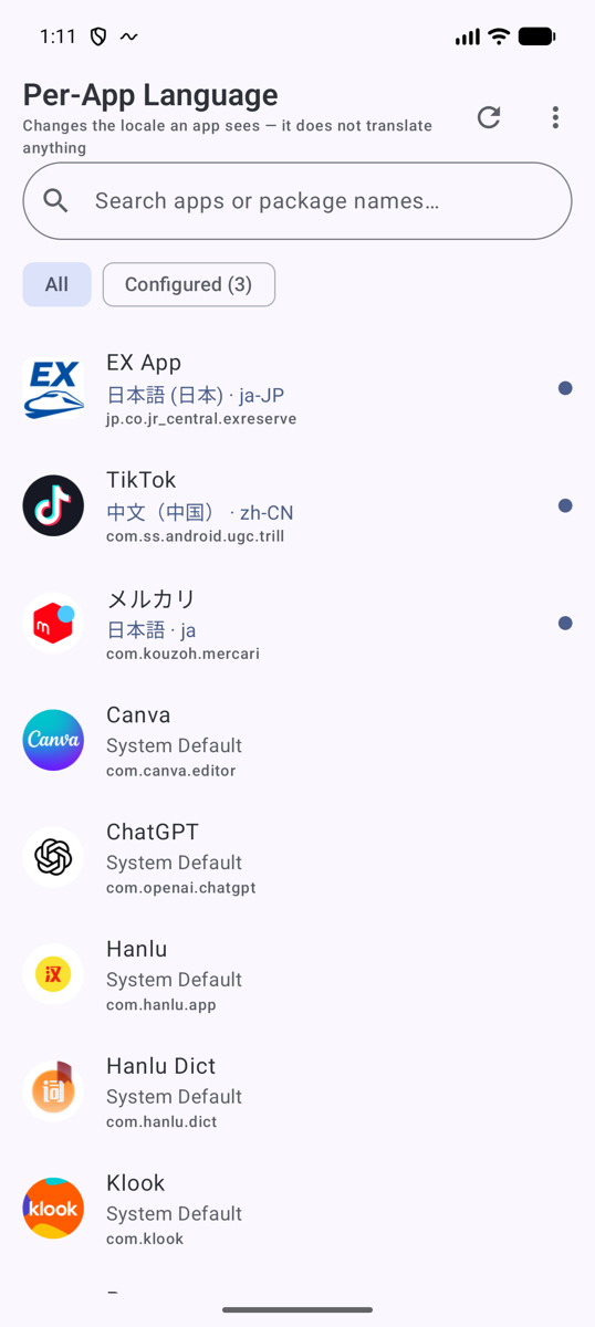 Per-App Language app list showing locale overrides