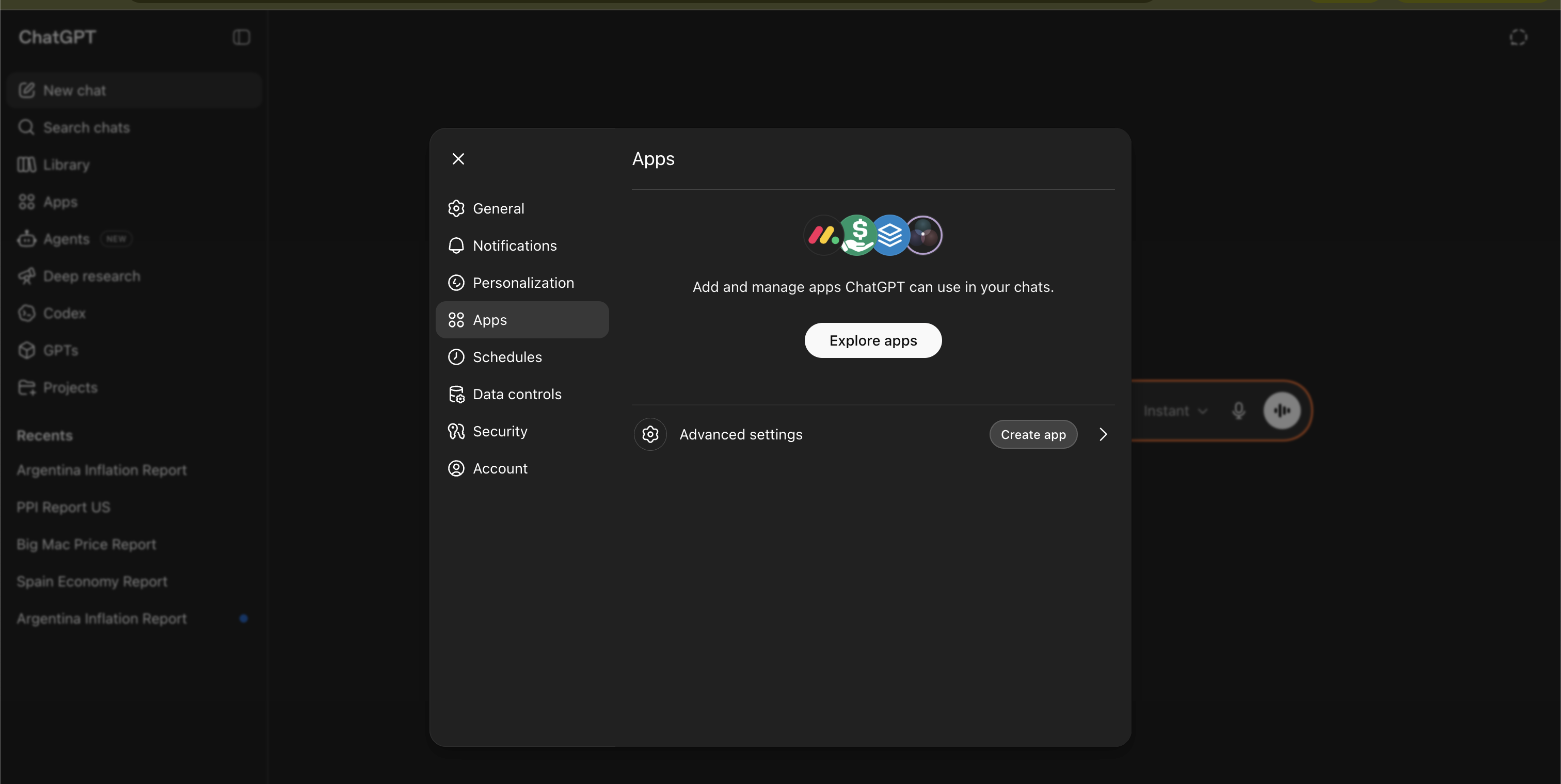 ChatGPT "Create custom connector" dialog