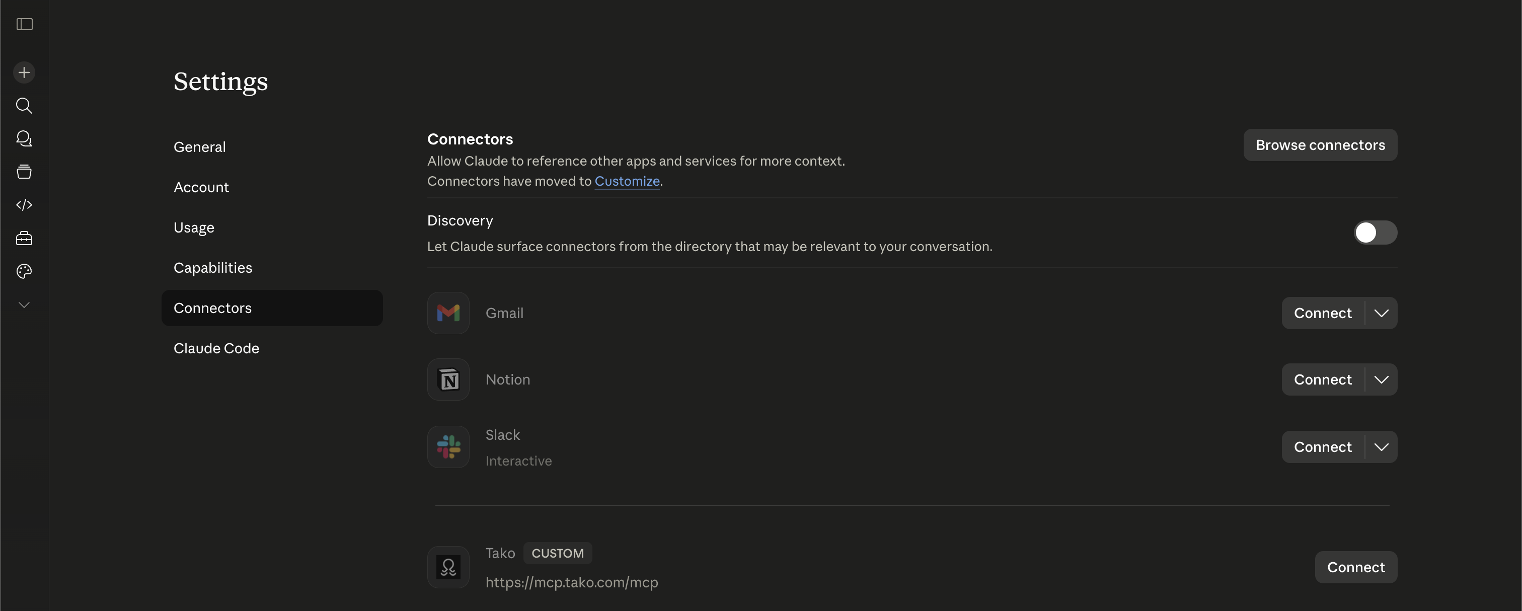 Claude.ai Settings → Connectors landing page
