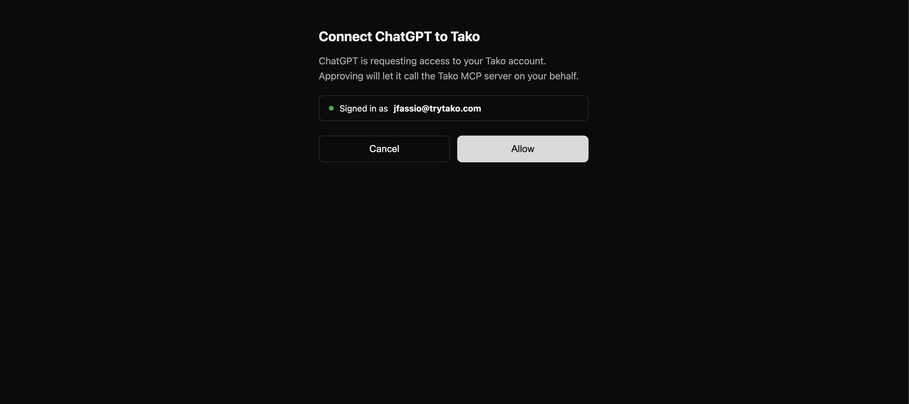 mcp.tako.com consent page showing client name + signed-in identity