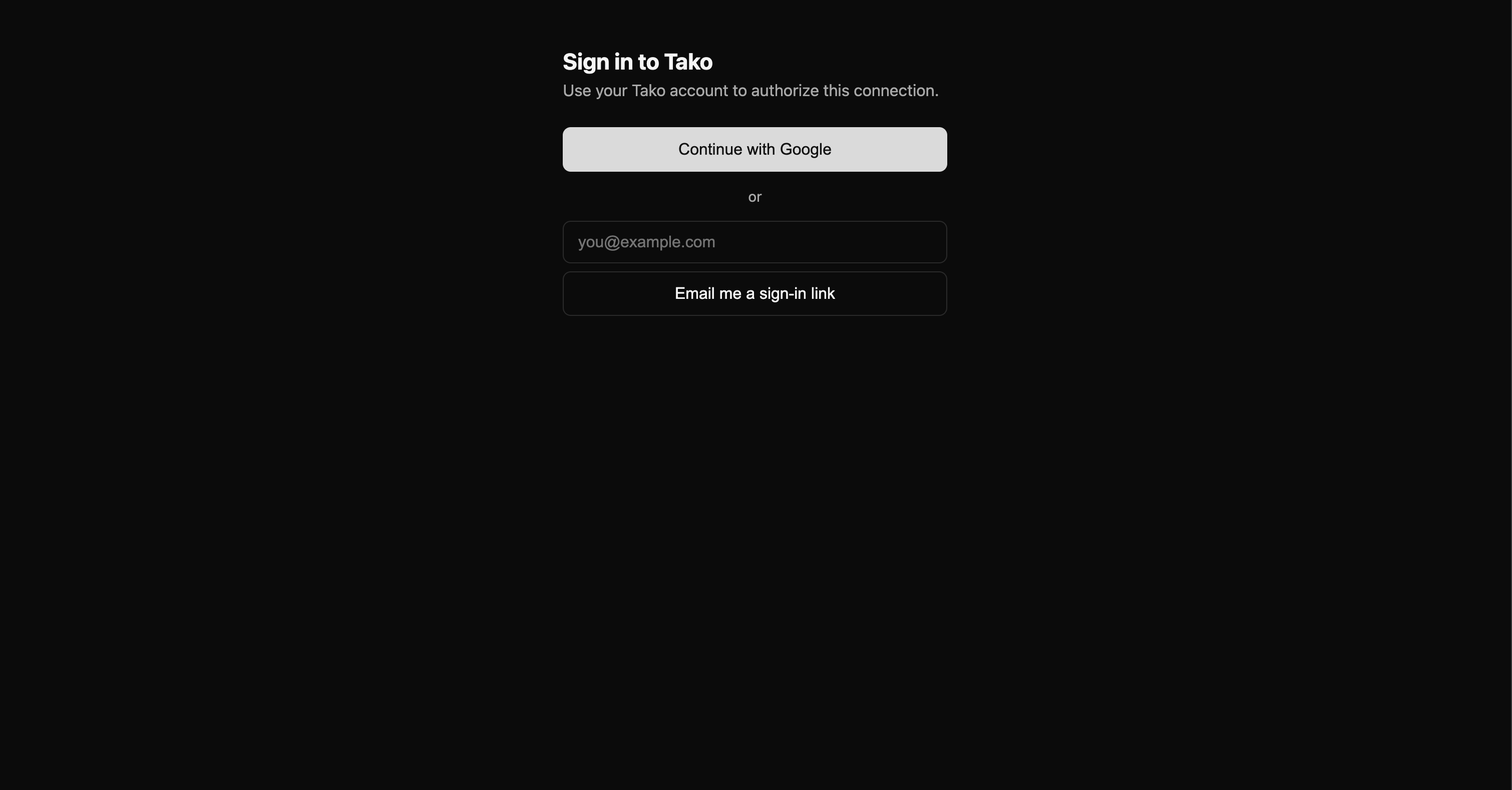 mcp.tako.com sign-in page showing Google + email magic-link options