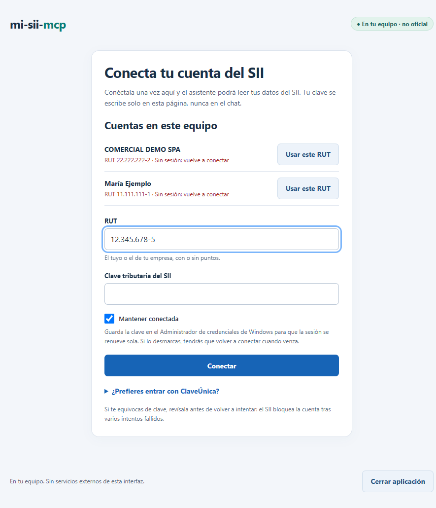 Página local de mi-sii-mcp para conectar la cuenta del SII, con cuentas de ejemplo