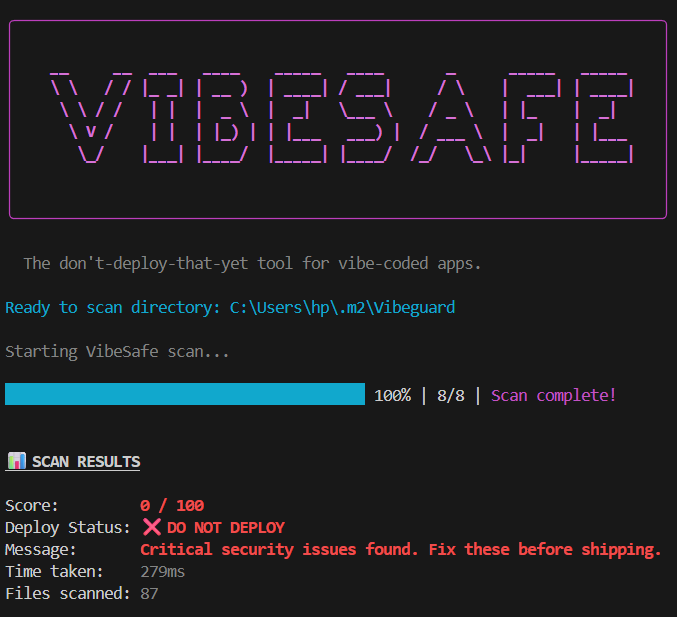 VibeSafe CLI Output