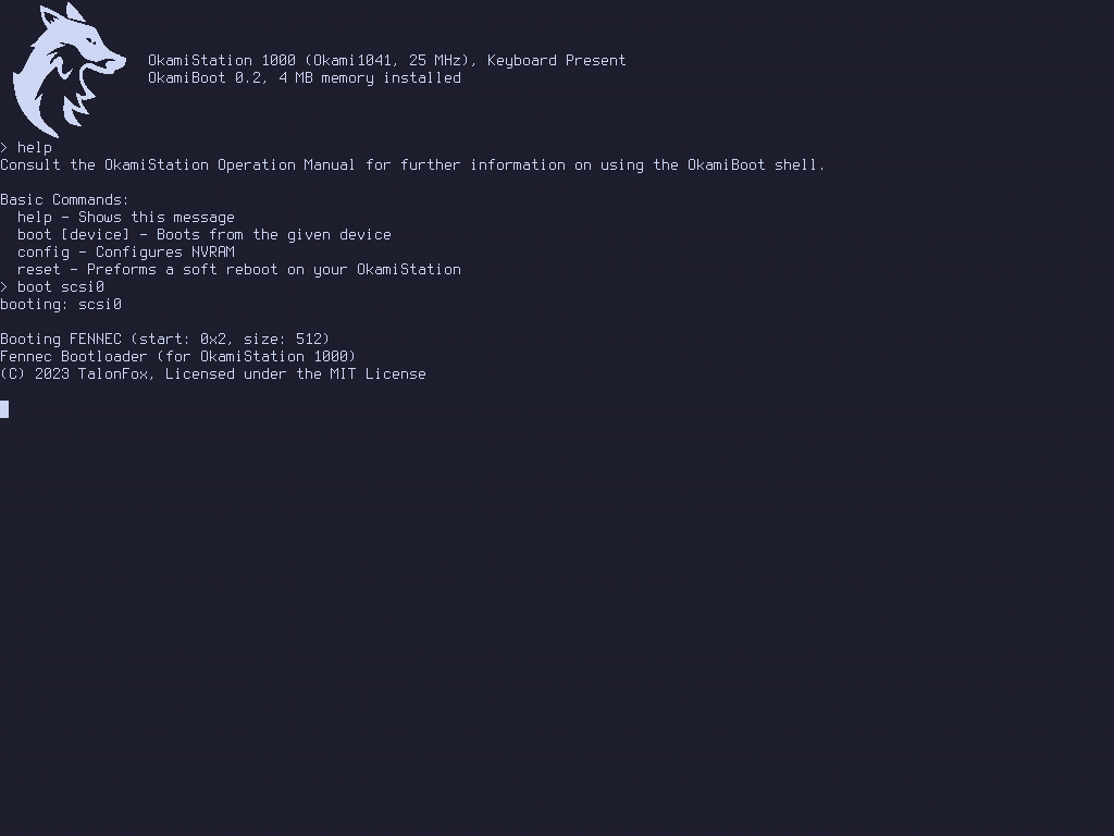 A Picture of the OkamiStation emulator running a basic FORTH program within the OkamiBoot shell