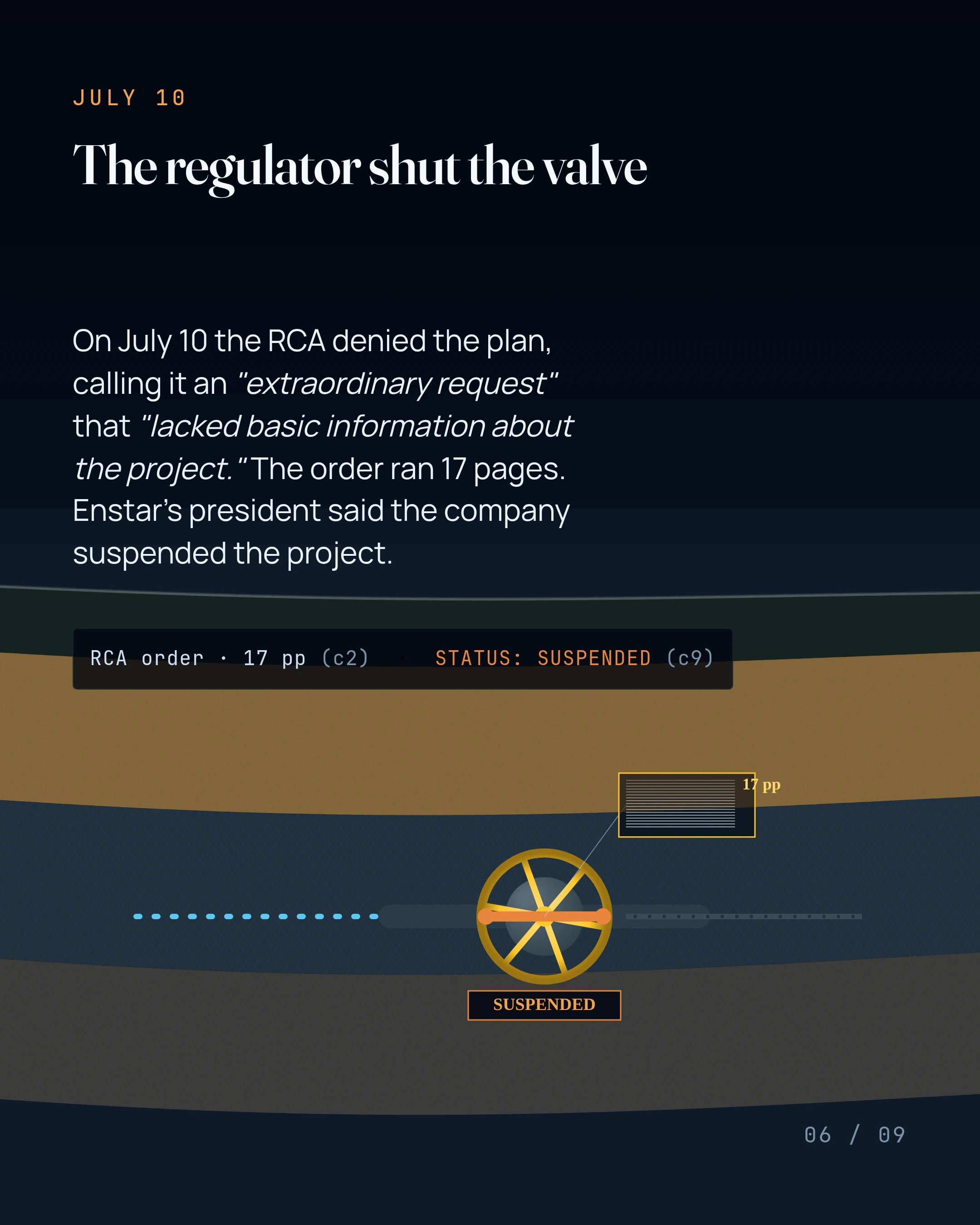 The regulator shut the valve. On July 10 the RCA denied the plan, calling it an "extraordinary request" that "lacked basic information about the project." The o