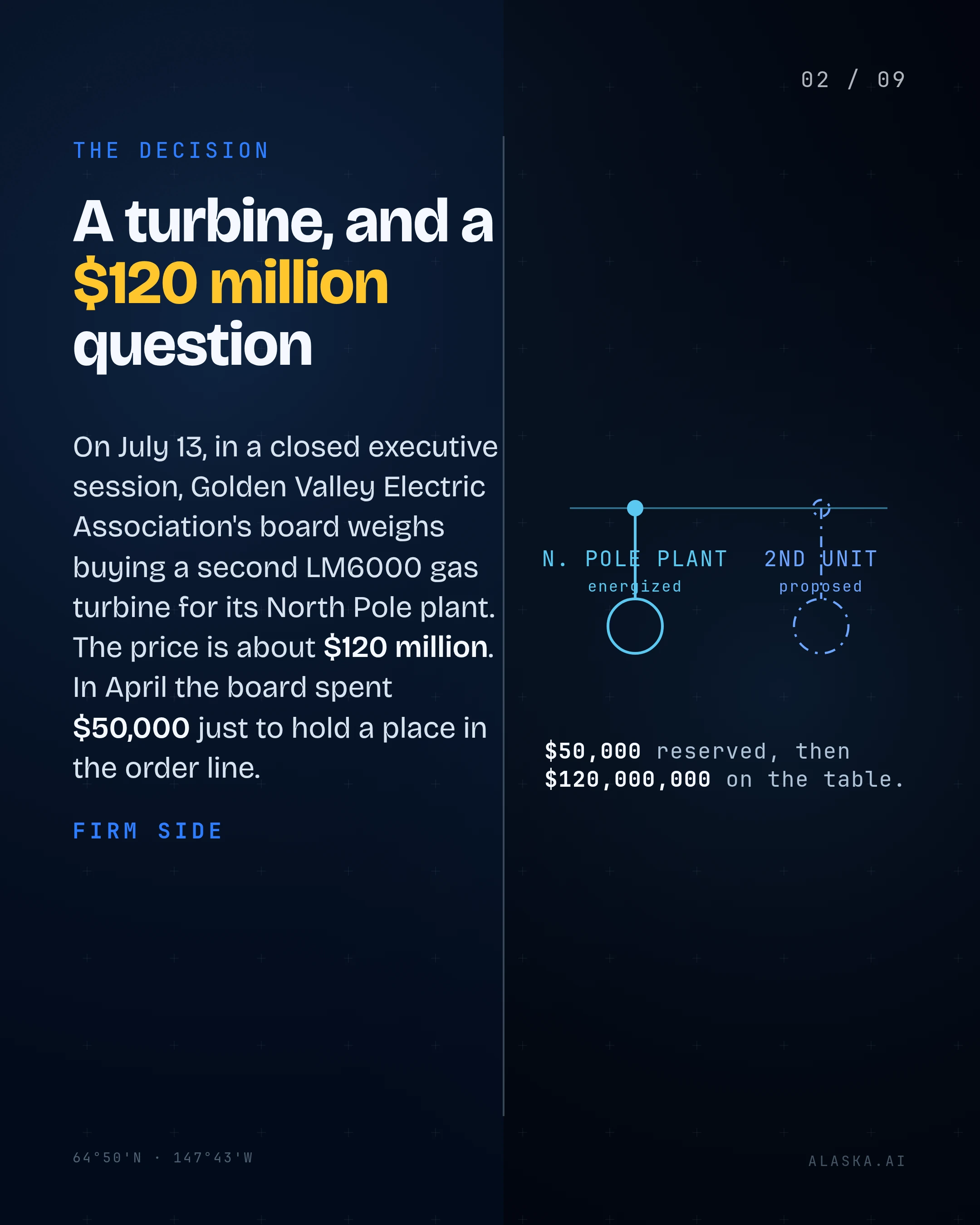 A turbine, and a $120 million question. On July 13, in a closed executive session, Golden Valley Electric Association's board weighs buying a second LM6000 gas