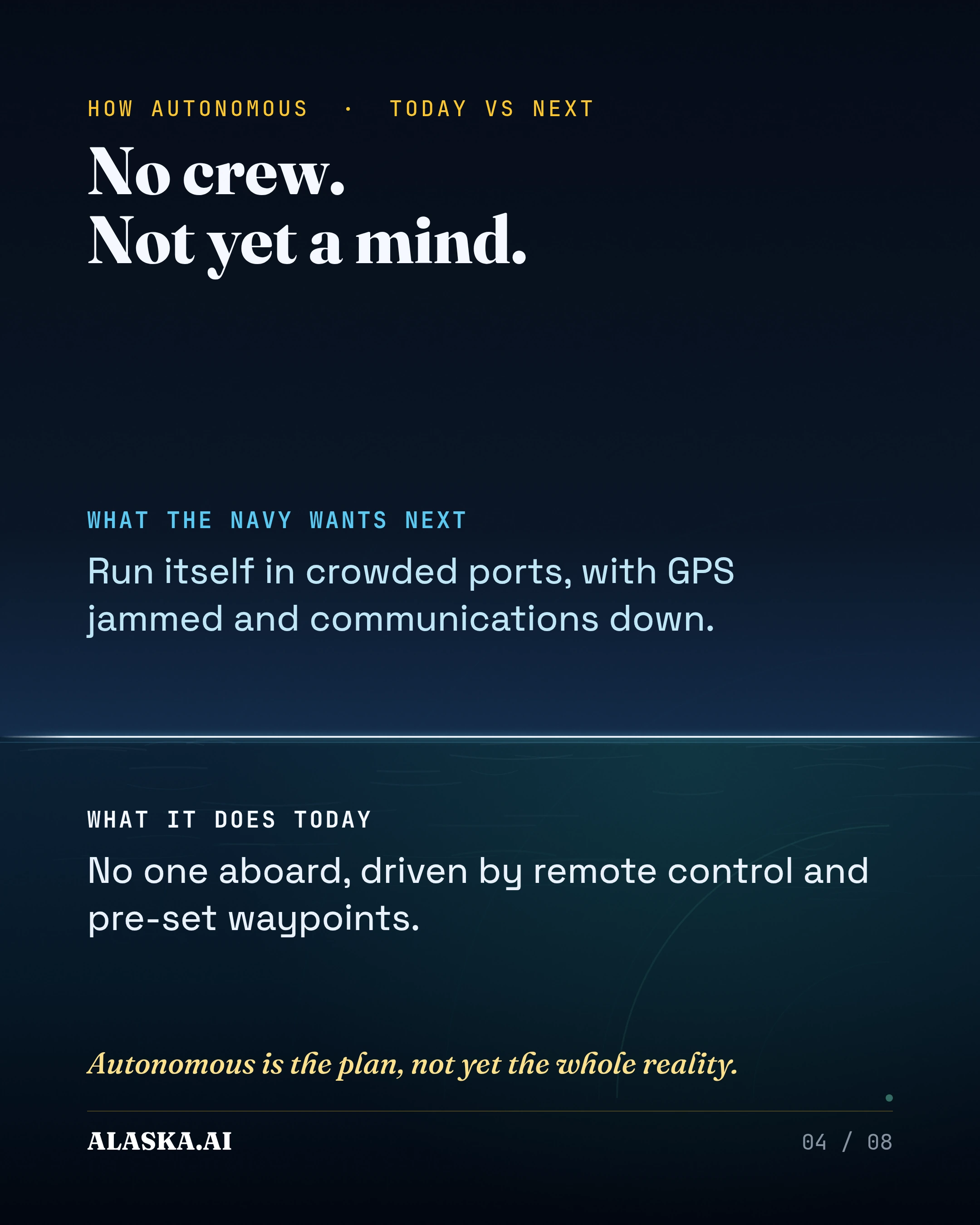 No crew. Not yet a mind. What the Navy wants next, run itself in crowded ports, with GPS jammed and comms down. What it does today, no one aboard, driven by rem