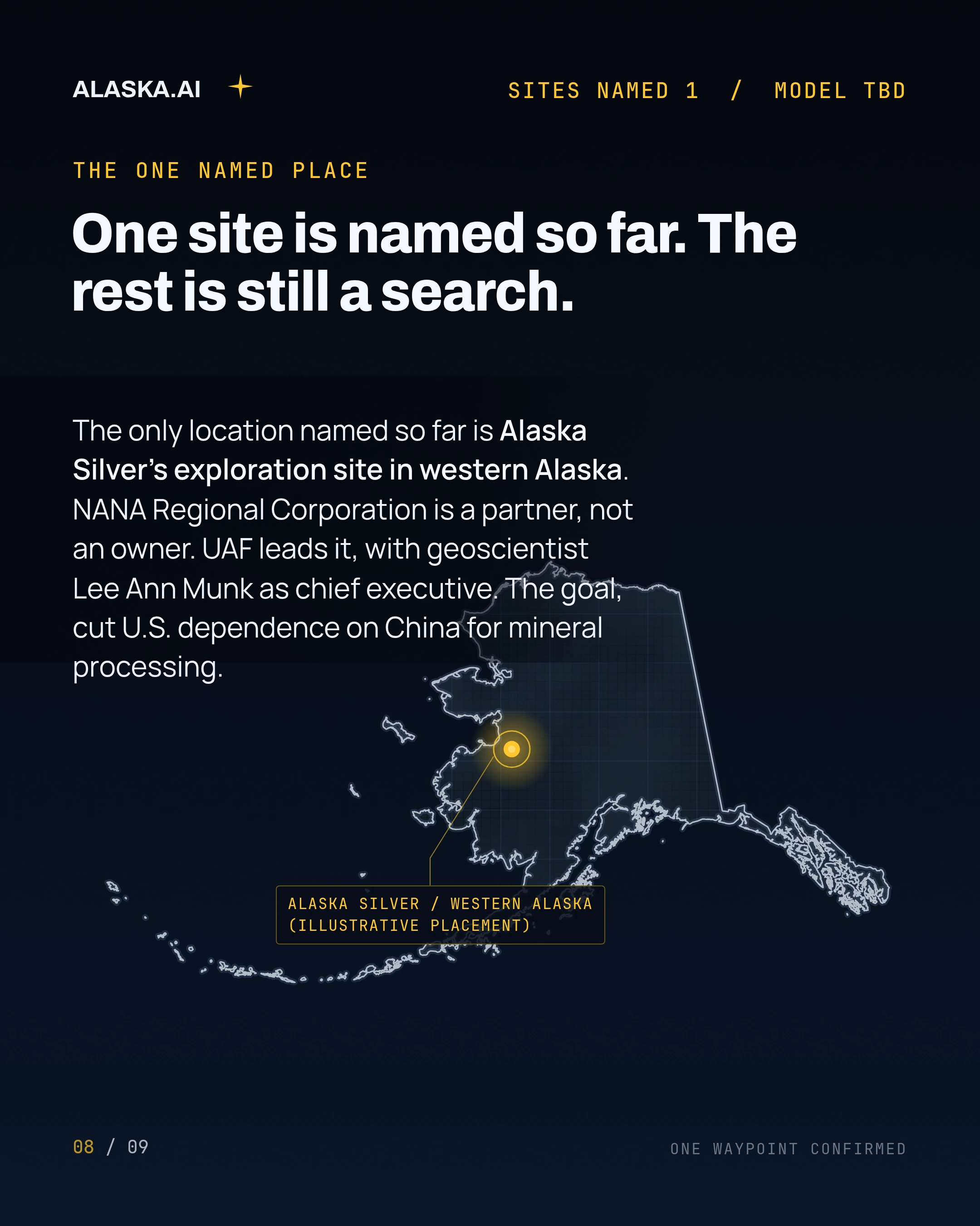 One site is named so far. The rest is still a search. The only location named so far is Alaska Silver's exploration site in western Alaska. NANA Regional Corpor
