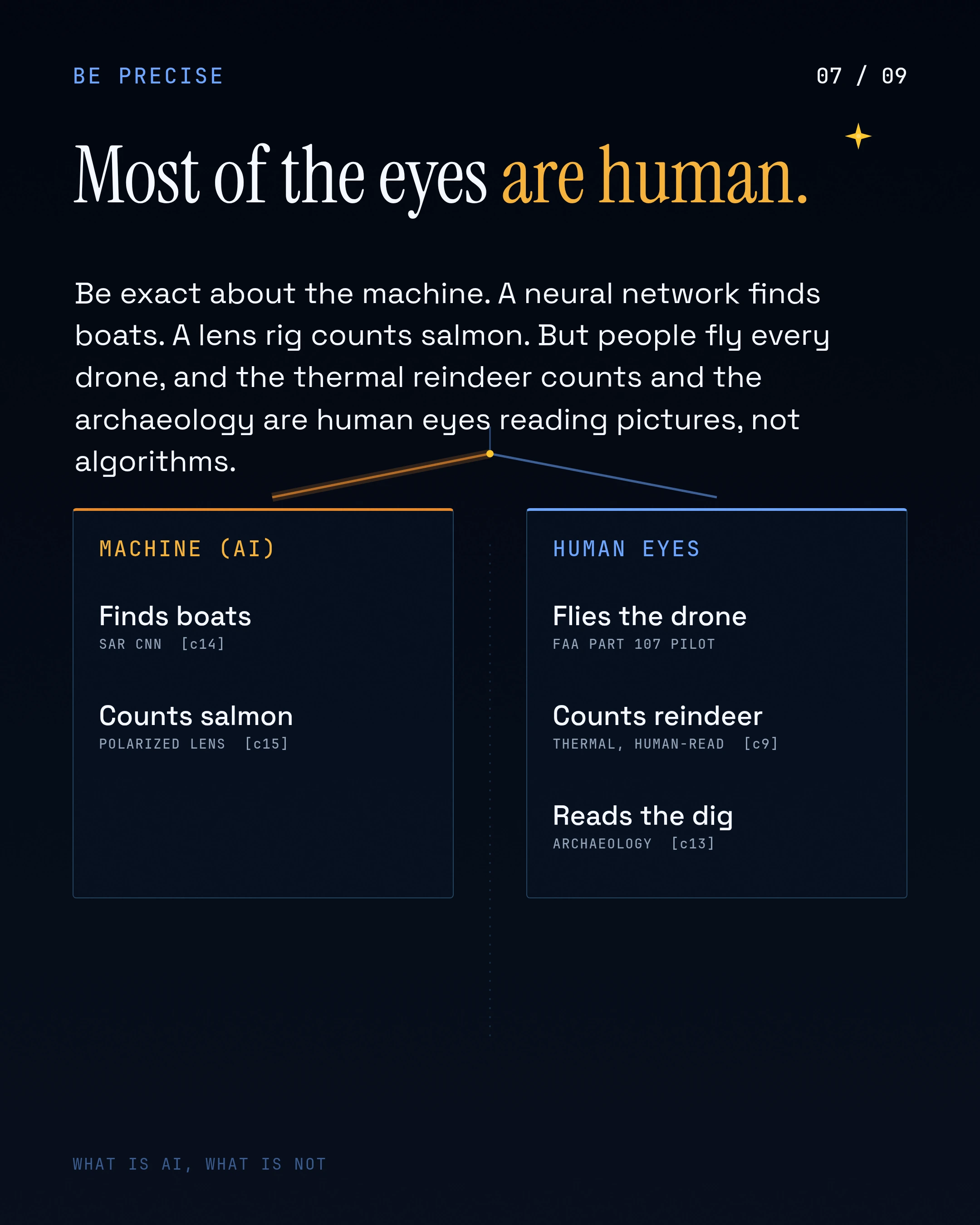 Most of the eyes are human. Be exact about the machine. A neural network finds boats. A lens rig counts salmon. But people fly every drone, and the thermal rein
