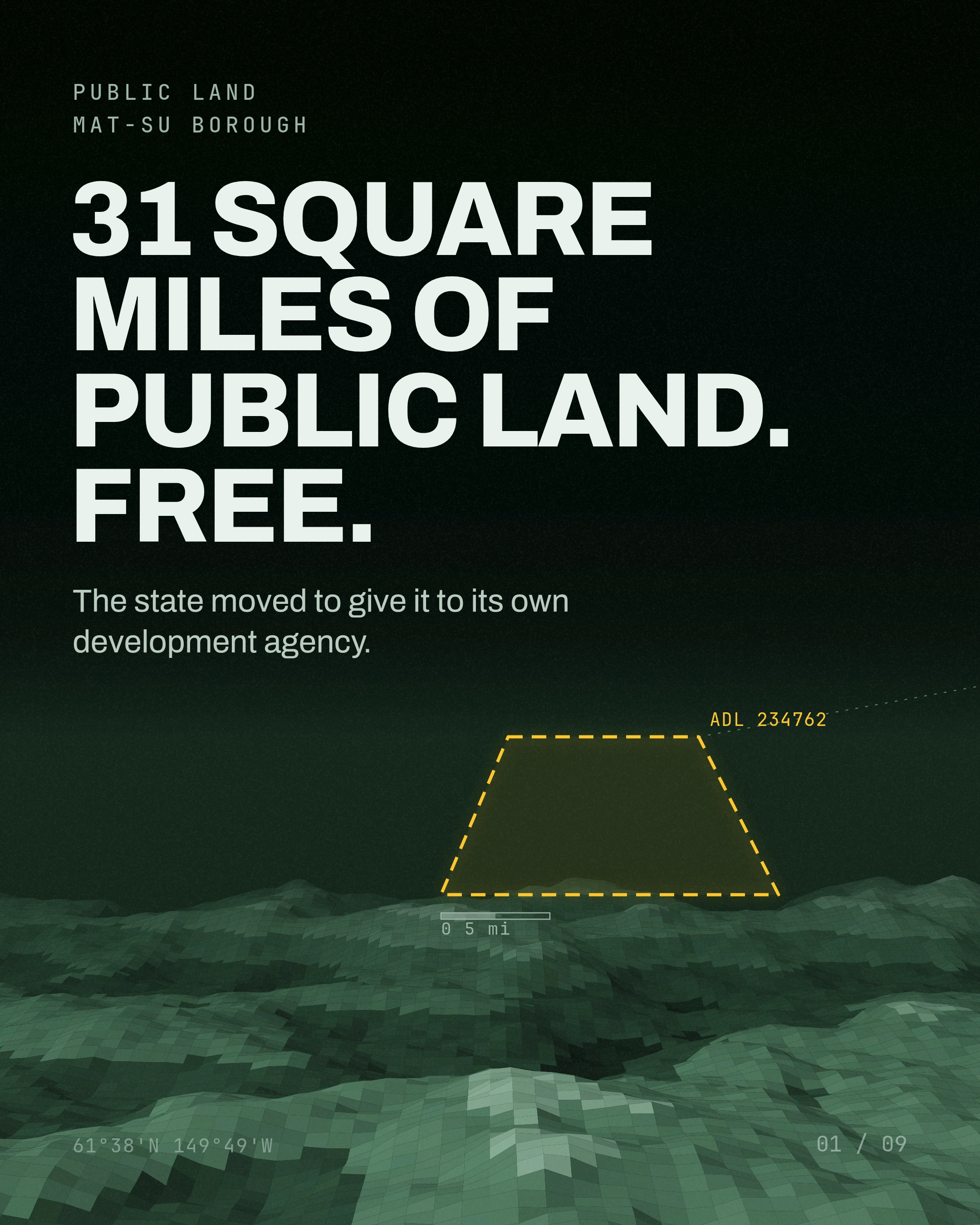 31 SQUARE / MILES OF / PUBLIC LAND. / FREE. The state moved to give it to its own development agency