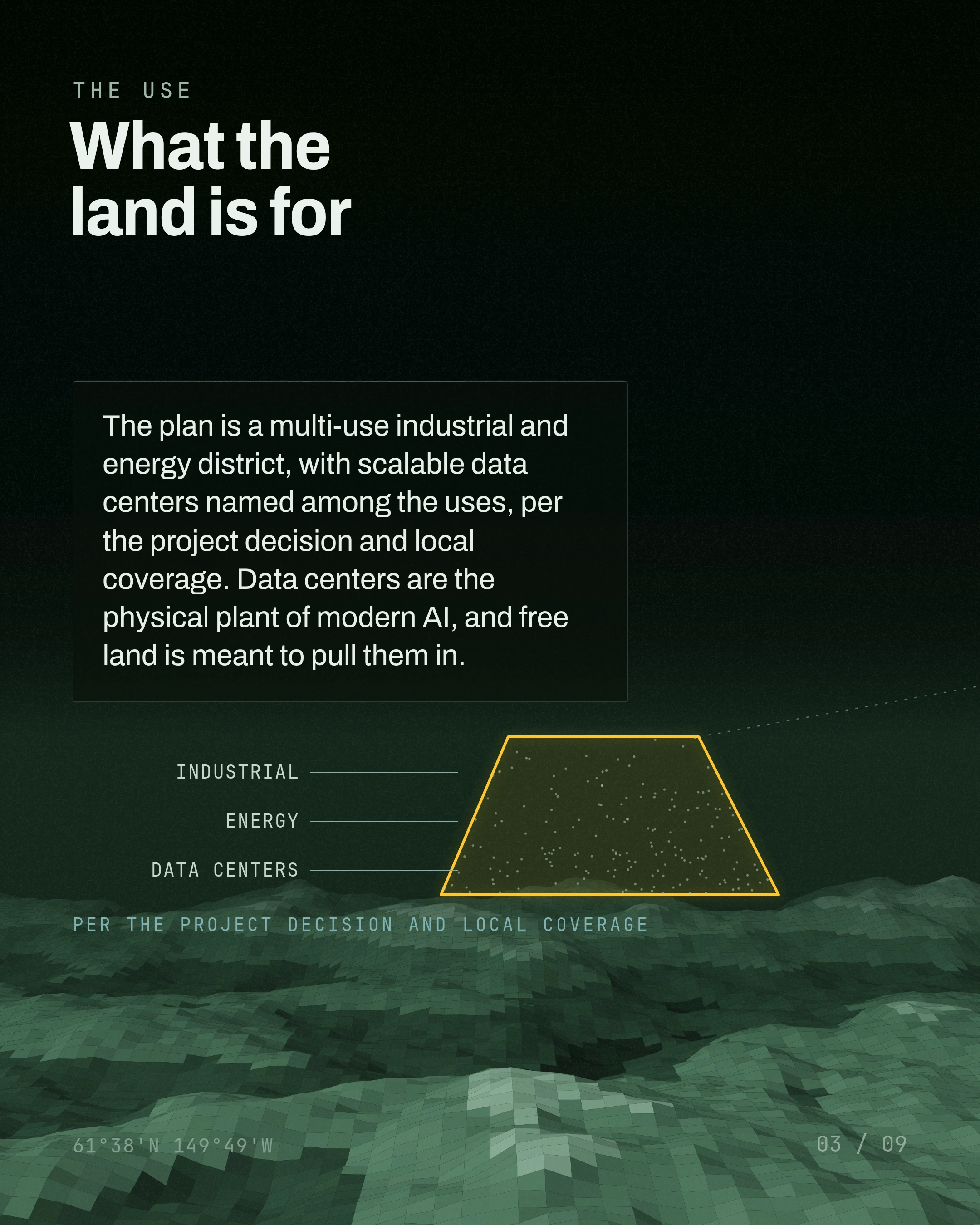 What the land is for. The plan is a multi-use industrial and energy district, and scalable data centers are named among the uses, per the project decision and l