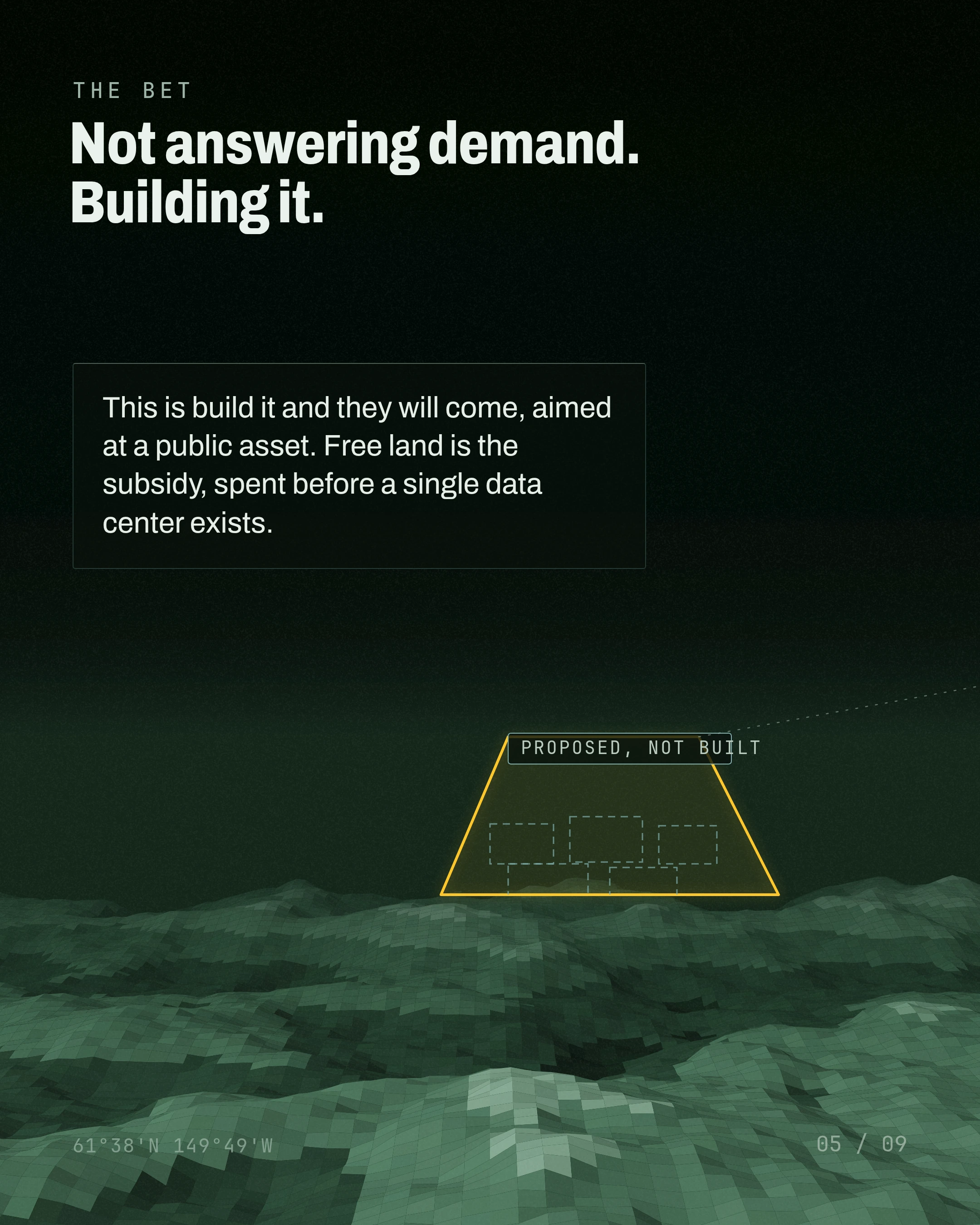 Not answering demand. / Building it. This is build it and they will come, aimed at a public asset. Free land is the subsidy, spent before a single data center e