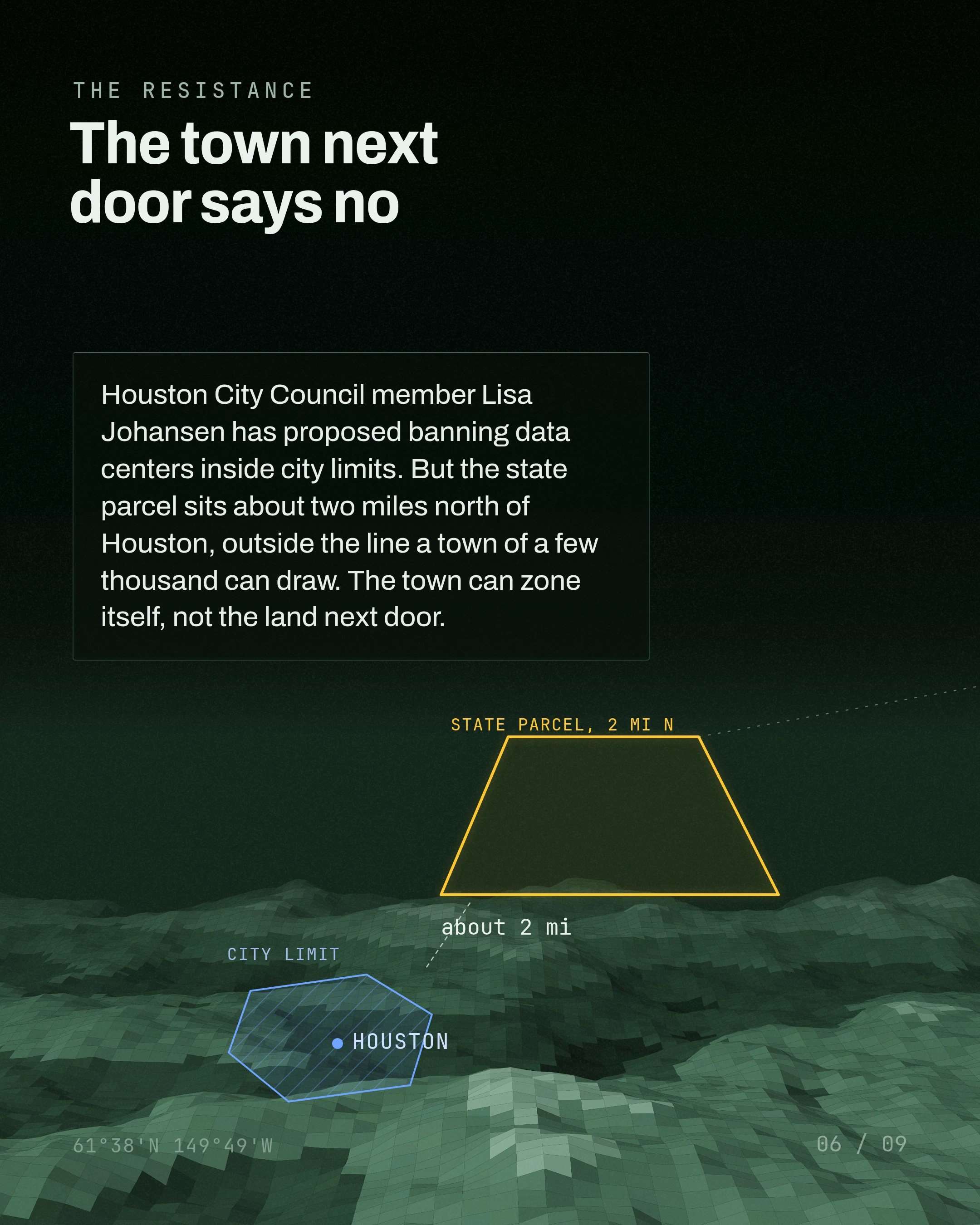 The town next door says no. Houston City Council member Lisa Johansen has proposed banning data centers inside city limits. But the state parcel sits about two 