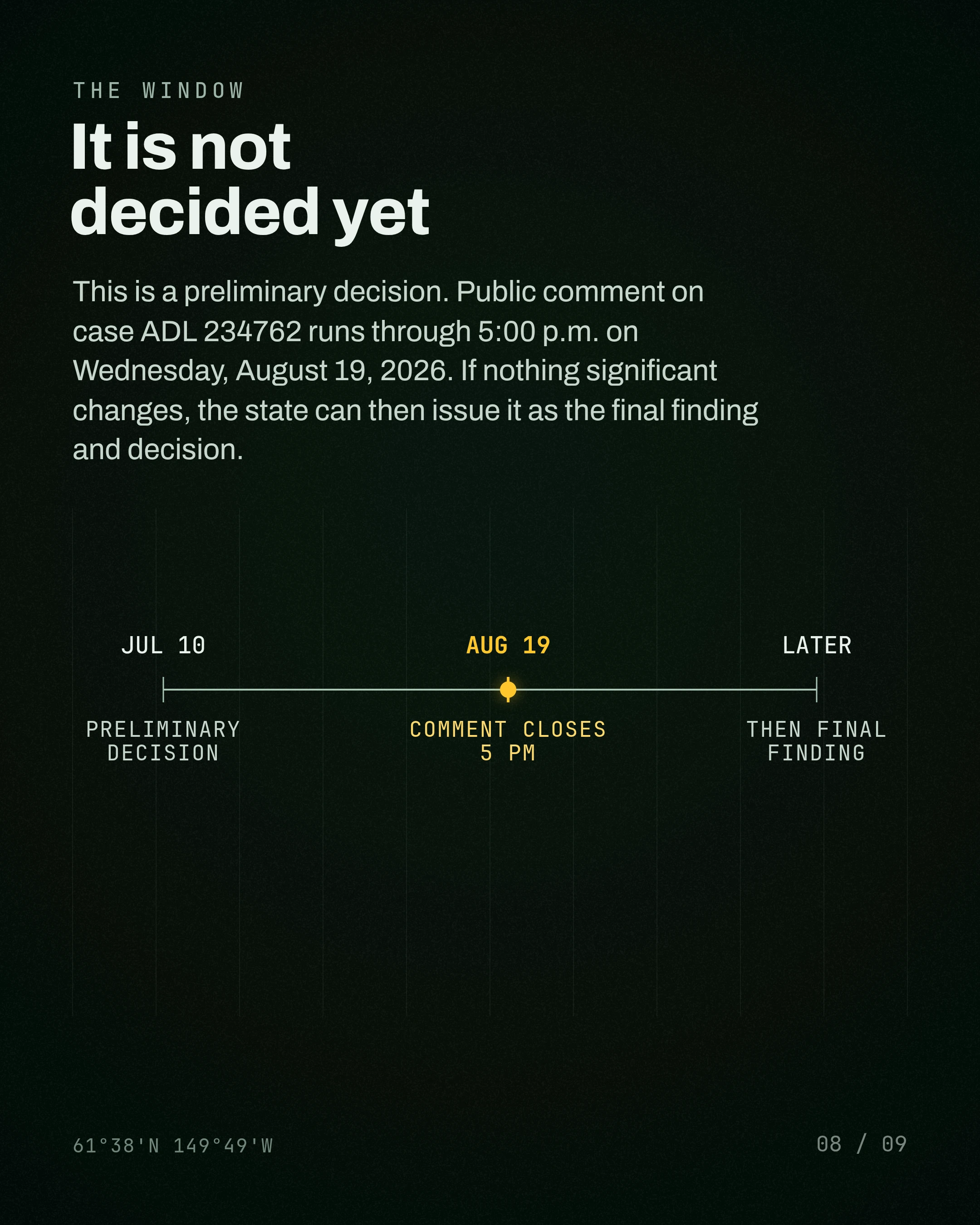It is not decided yet. This is a preliminary decision. Public comment on case ADL 234762 runs through 5:00 p.m. on Wednesday, August 19, 2026. If nothing signif