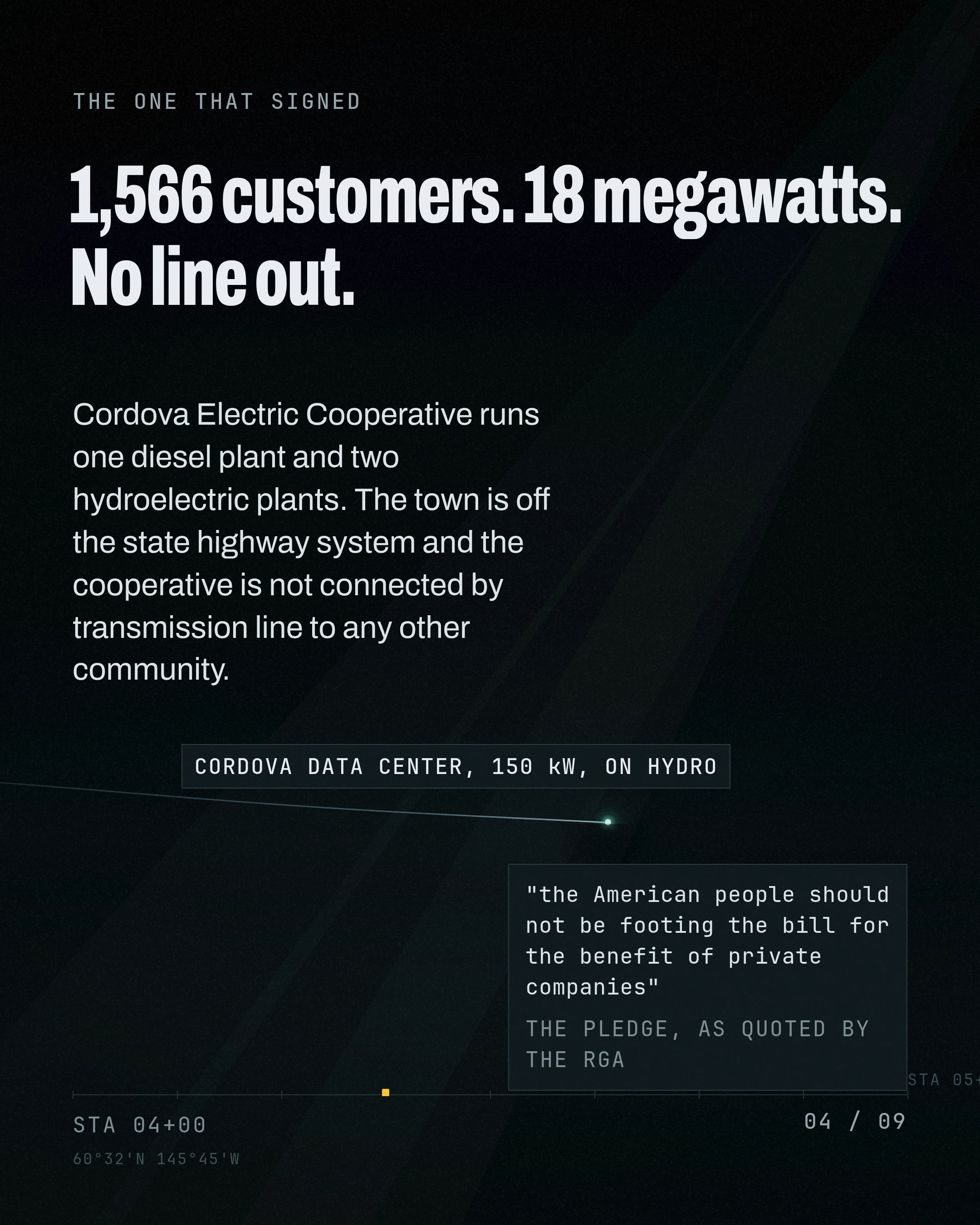 1,566 customers. 18 megawatts. No line out. Cordova Electric Cooperative runs one diesel plant and two hydroelectric plants. The town is off the state highway s