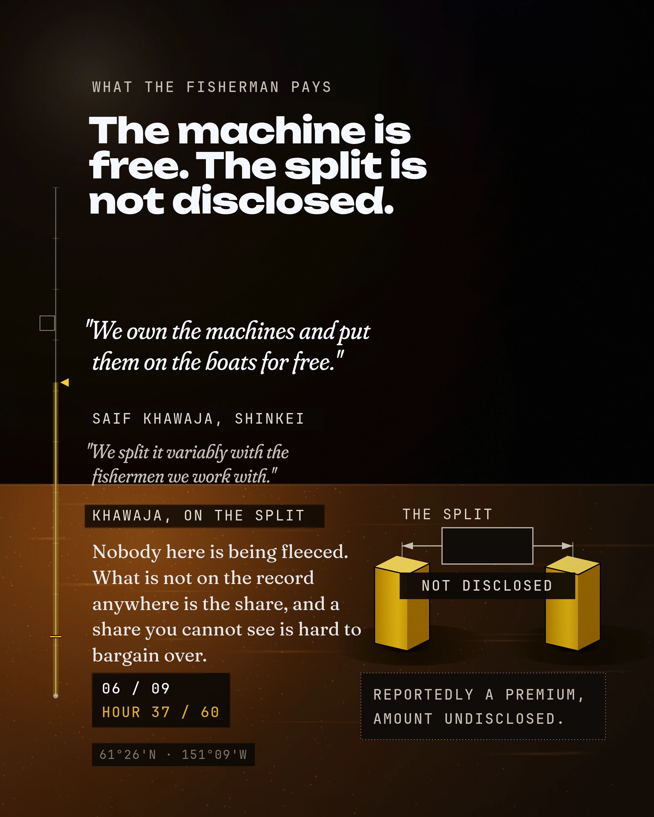 The machine is free. The split is not disclosed. Nobody here is being fleeced. What is not on the record anywhere is the share, and a share you cannot see is ha