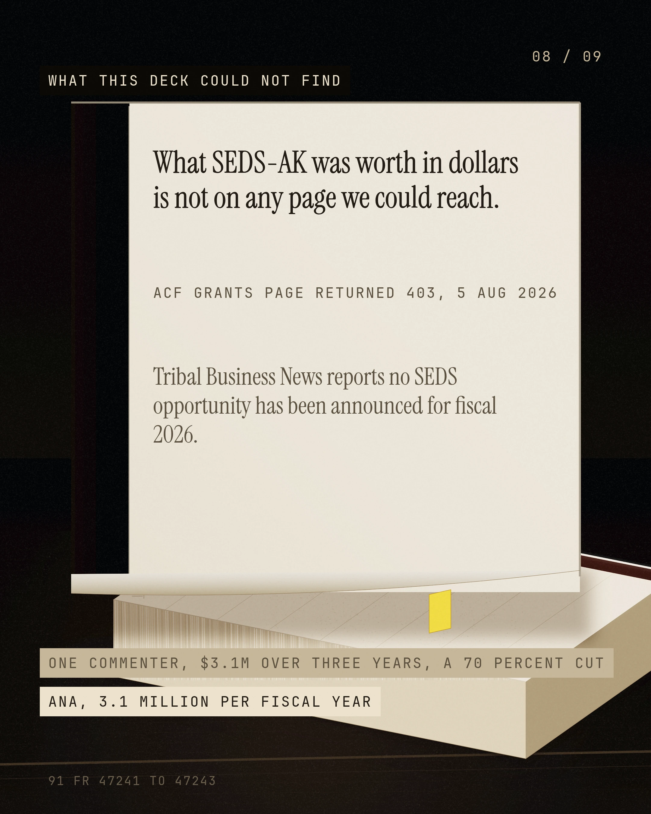 What SEDS-AK was worth in dollars is not on any page we could reach. Tribal Business News reports no SEDS opportunity has been announced for fiscal 2