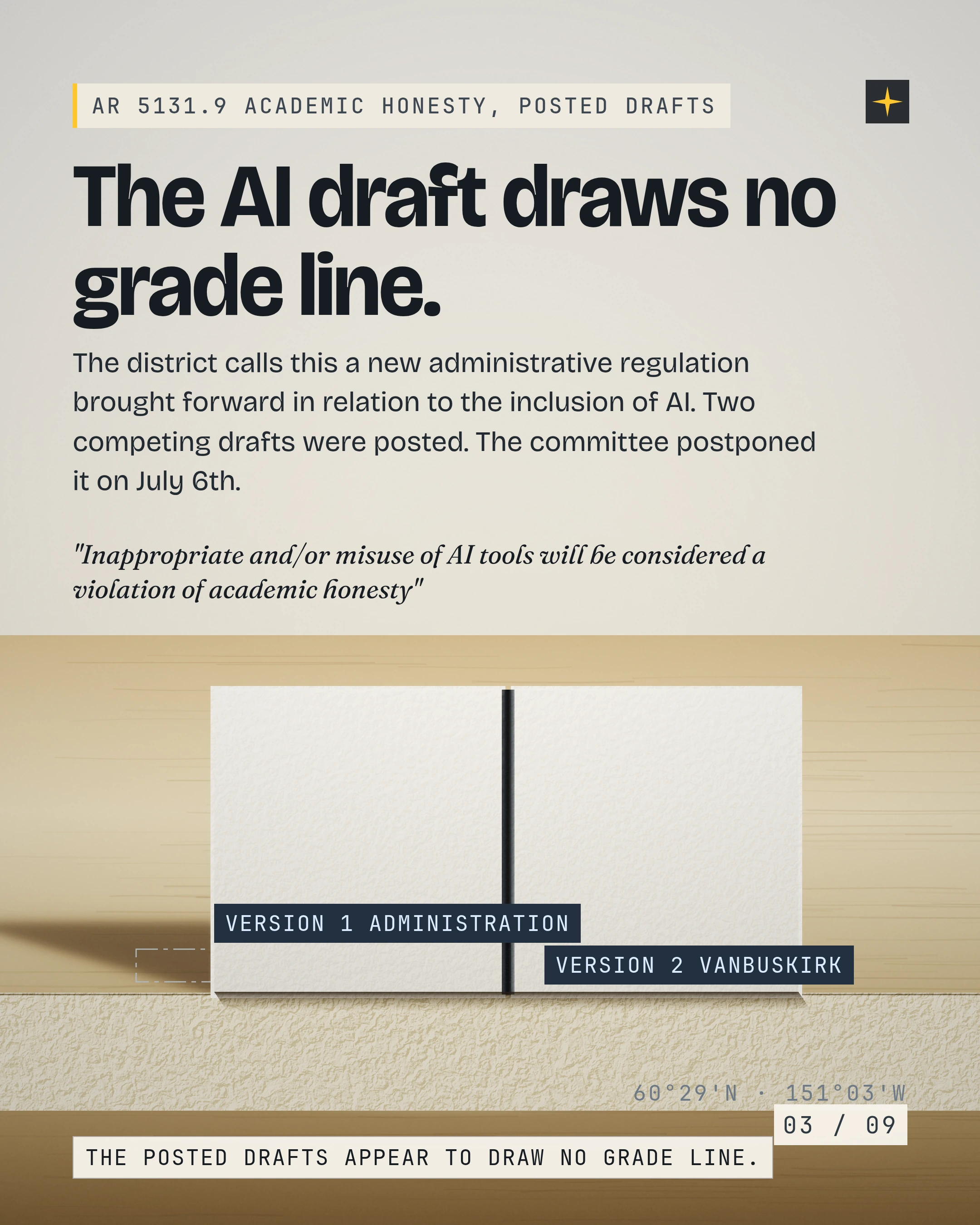 The AI draft draws no grade line. The district calls this a new administrative regulation brought forward in relation to the inclusion of AI. Two competing draf