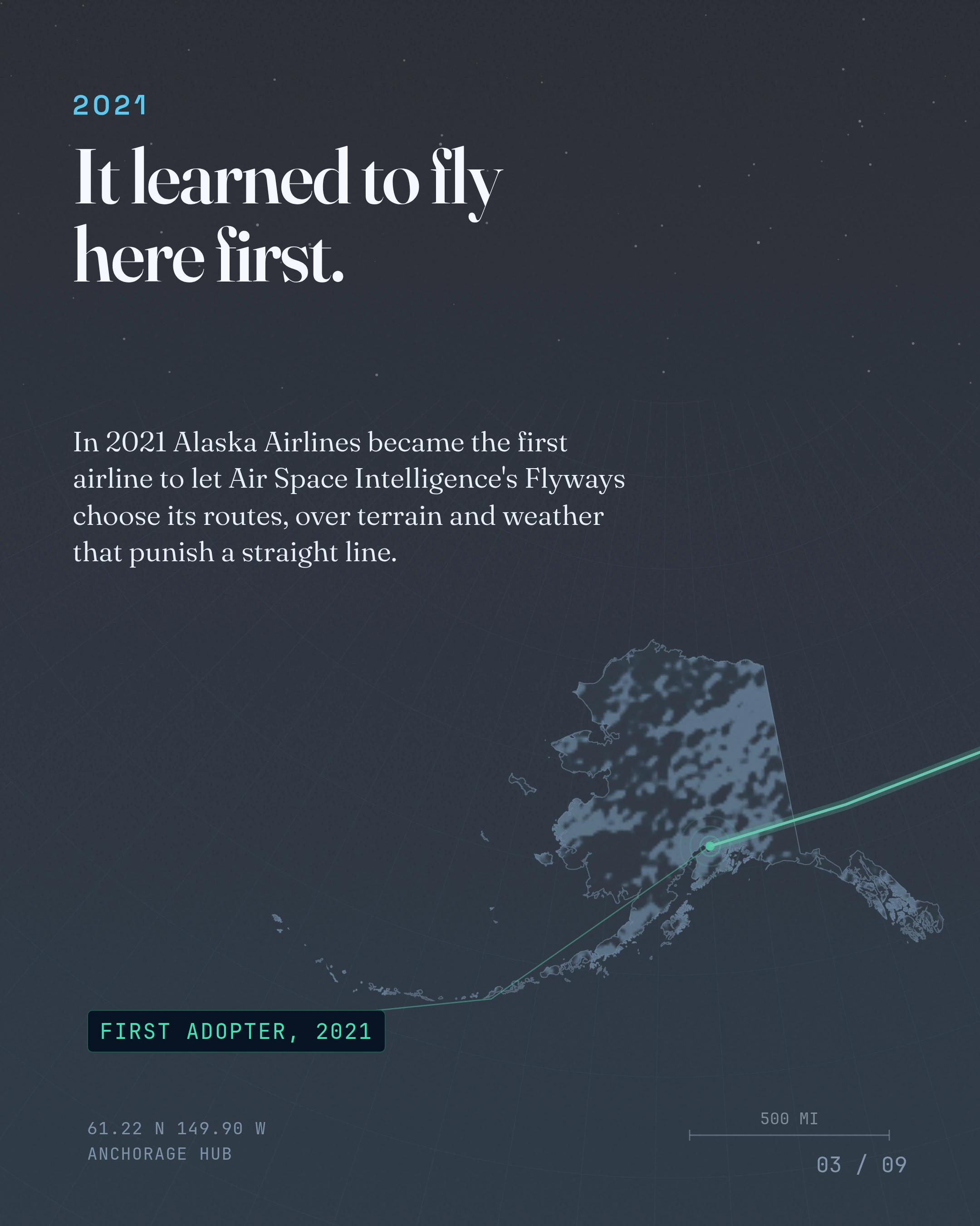 It learned to fly here first. In 2021 Alaska Airlines became the first airline to let Air Space Intelligence's Flyways choose its routes, over terrain and weath