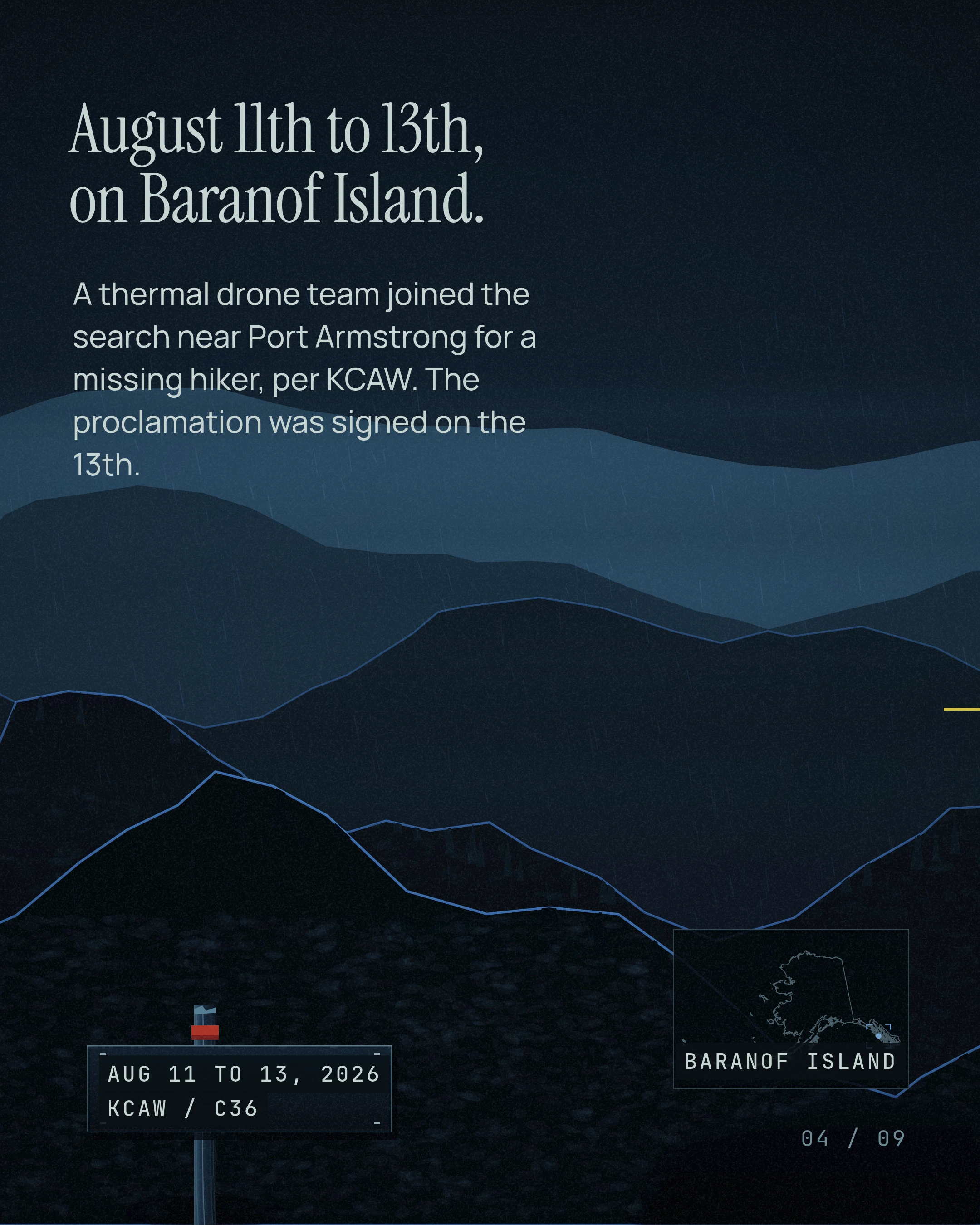 August 11th to 13th, on Baranof Island. A thermal drone team joined the search near Port Armstrong for a missing hiker, per KCAW. The proclamation was signed on