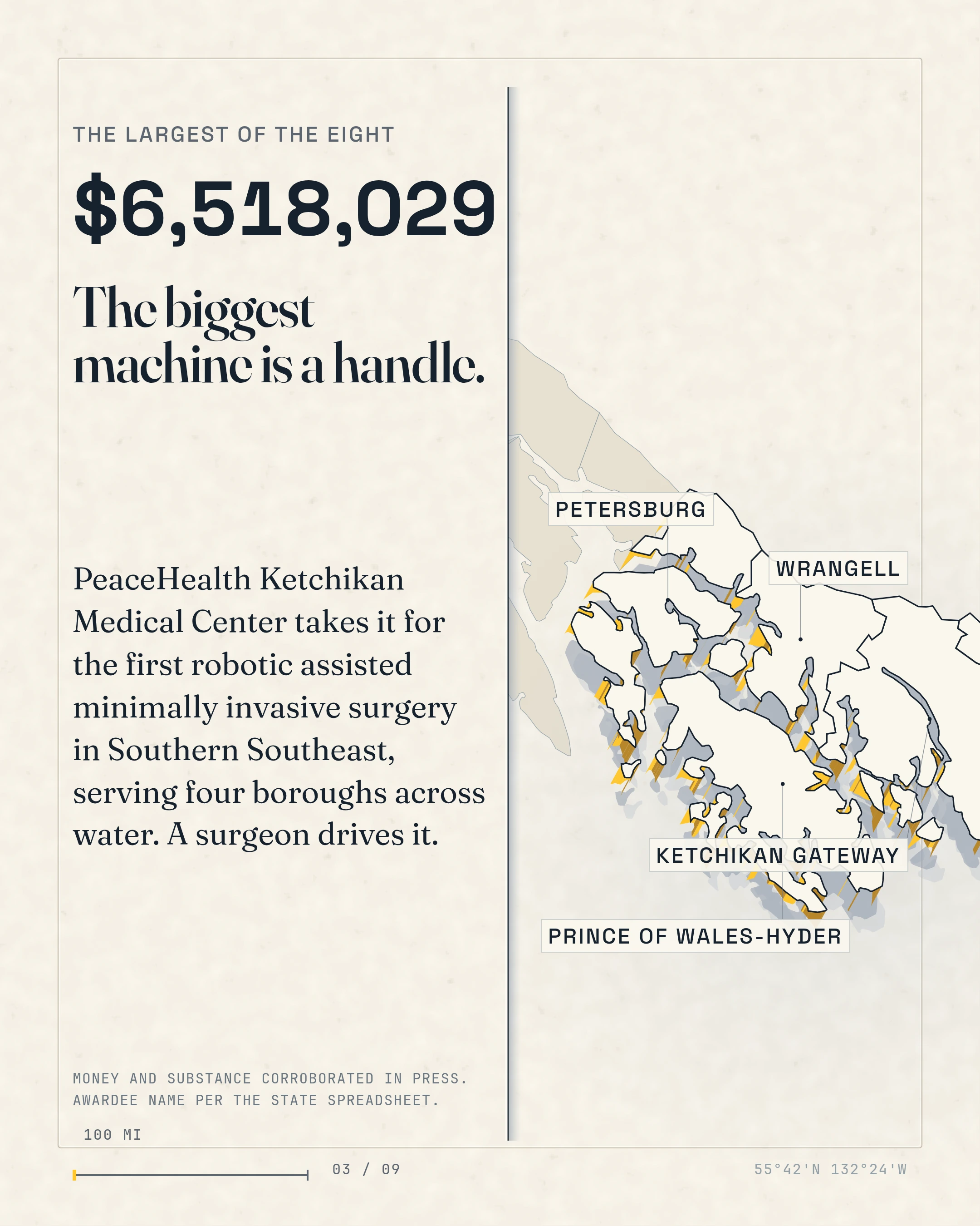 The biggest machine is a handle. PeaceHealth Ketchikan Medical Center takes it for the first robotic assisted minimally invasive surgery in Southern Southeast, 
