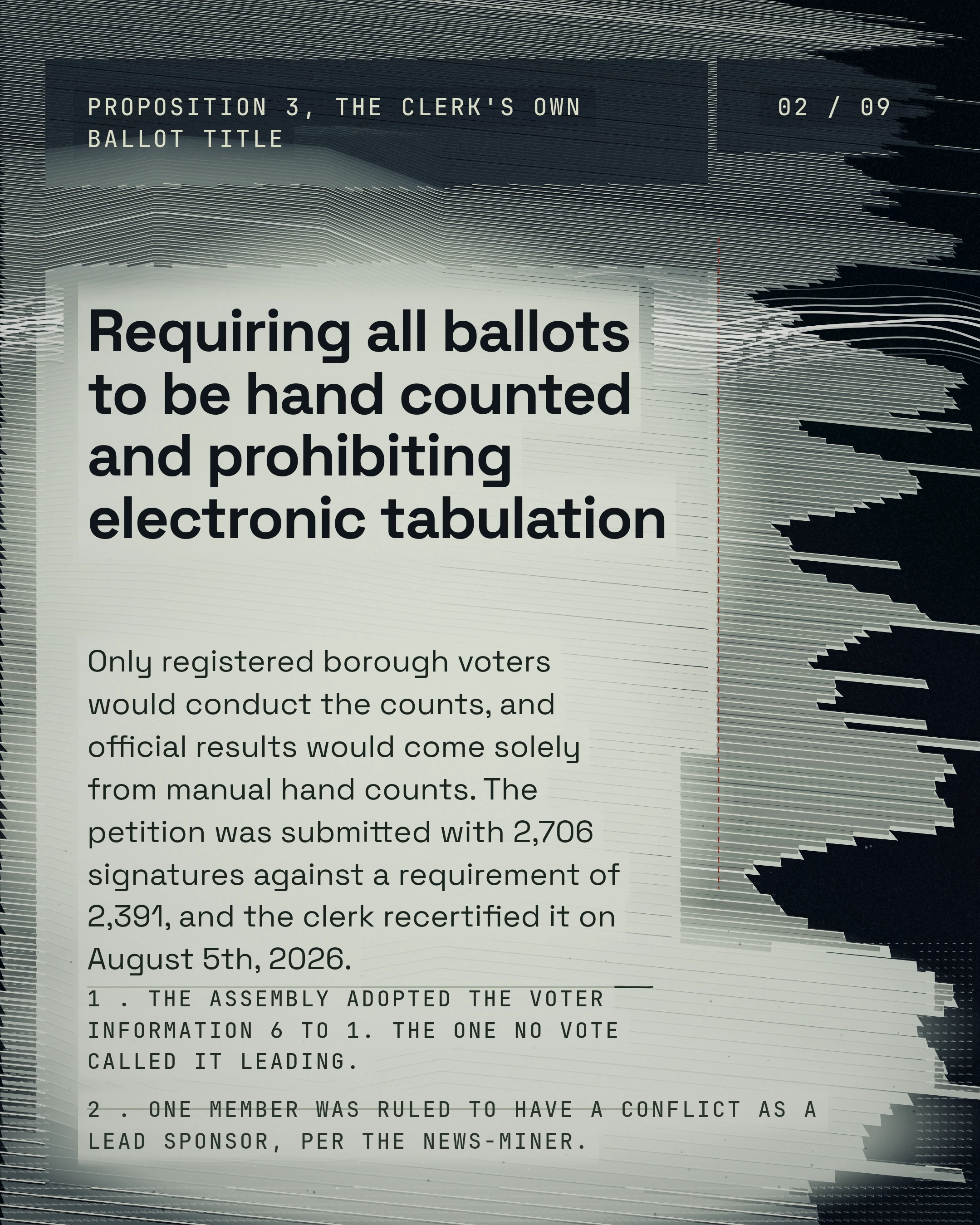 Requiring all ballots to be hand counted and prohibiting electronic tabulation. Only registered borough voters would conduct the counts, and official results wo