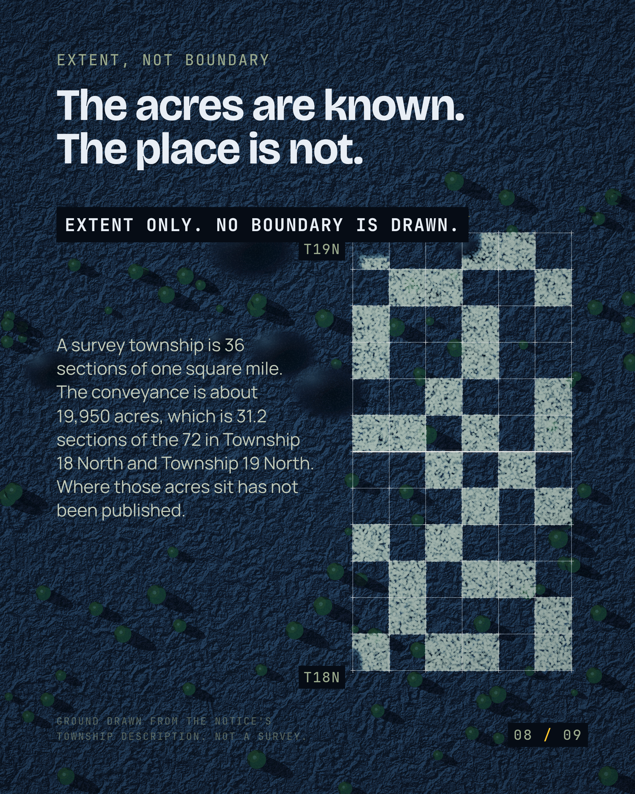 The acres are known. The place is not. A survey township is 36 sections of one square mile. The conveyance is about 19,950 acres, which is 31.2 sections of the 