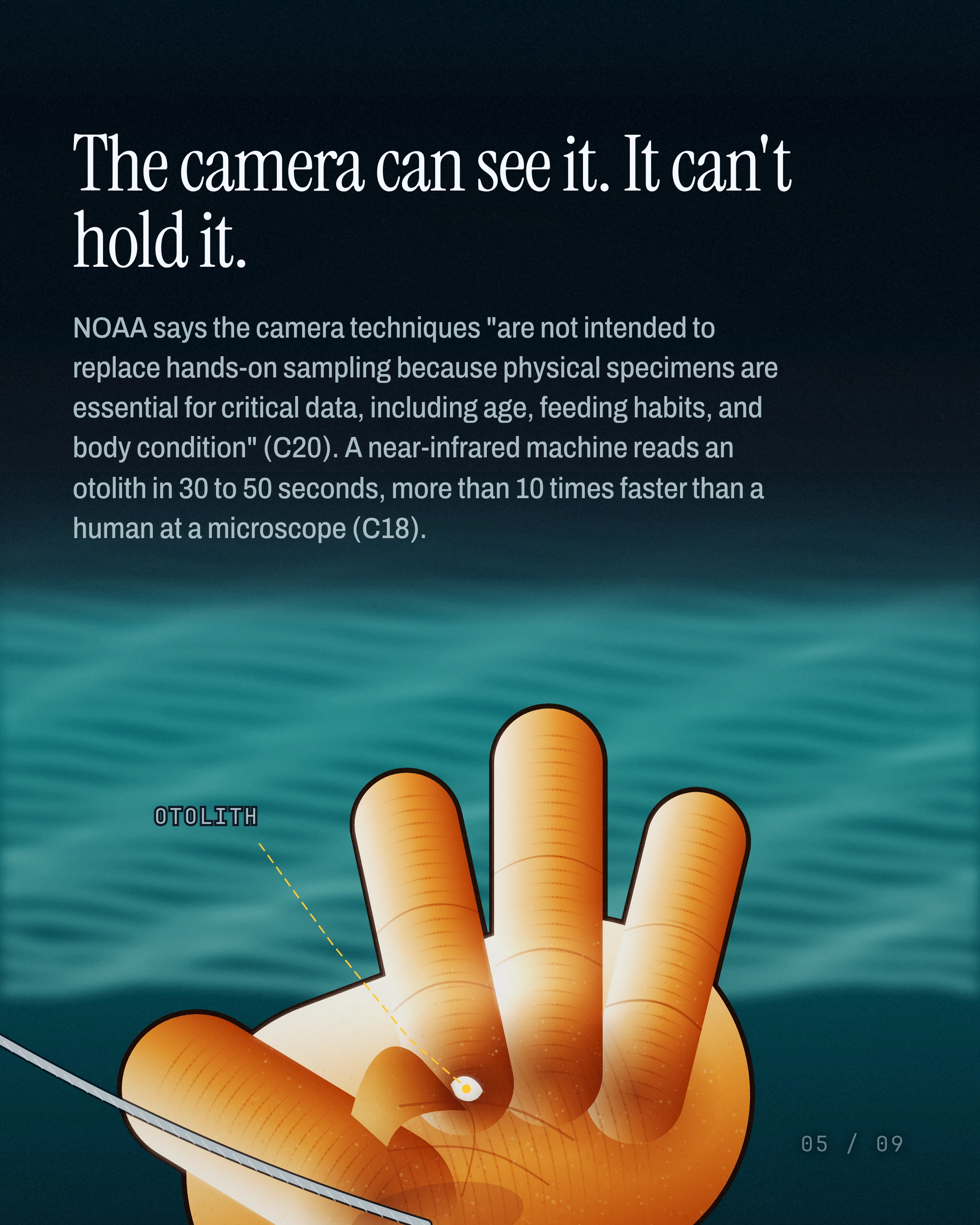 The camera can see it. It can't hold it. NOAA says the camera techniques "are not intended to replace hands-on sampling because physical specimens are essential