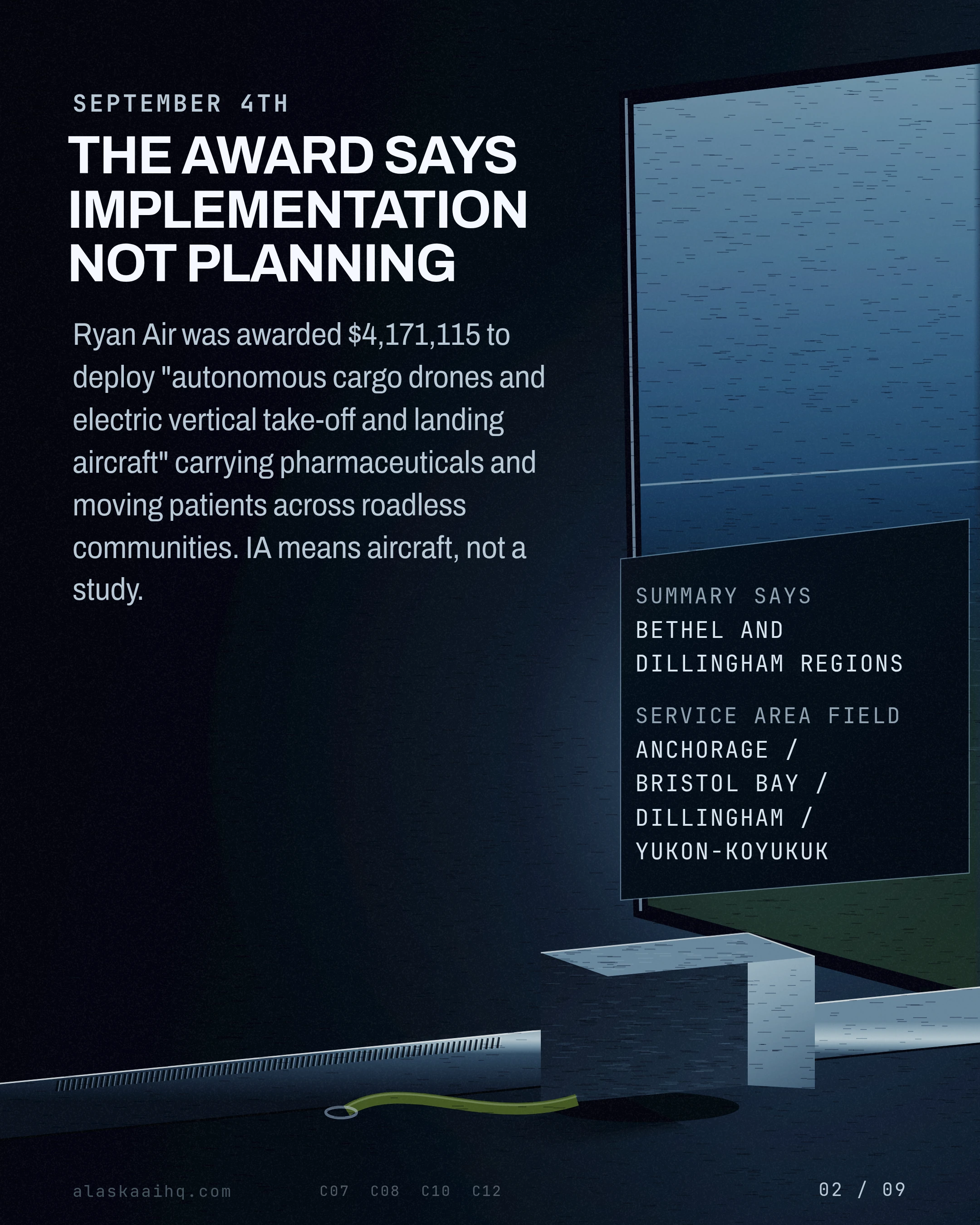 THE AWARD SAYS IMPLEMENTATION NOT PLANNING. Ryan Air was awarded $4,171,115 to deploy "autonomous cargo drones and electric vertical take-off and landing aircra