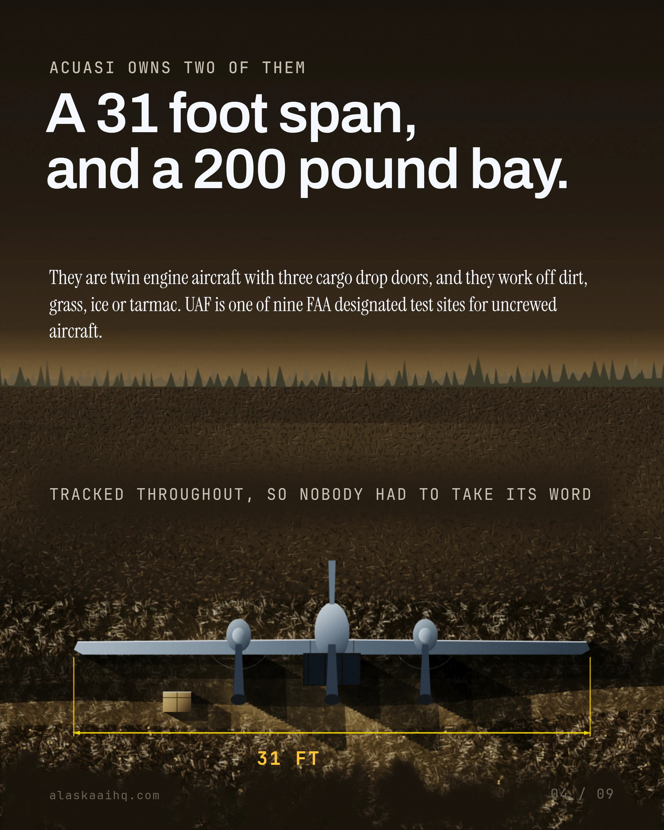 A 31 foot span, and a 200 pound bay. They are twin engine aircraft with three cargo drop doors, and they work off dirt, grass, ice or tarmac.