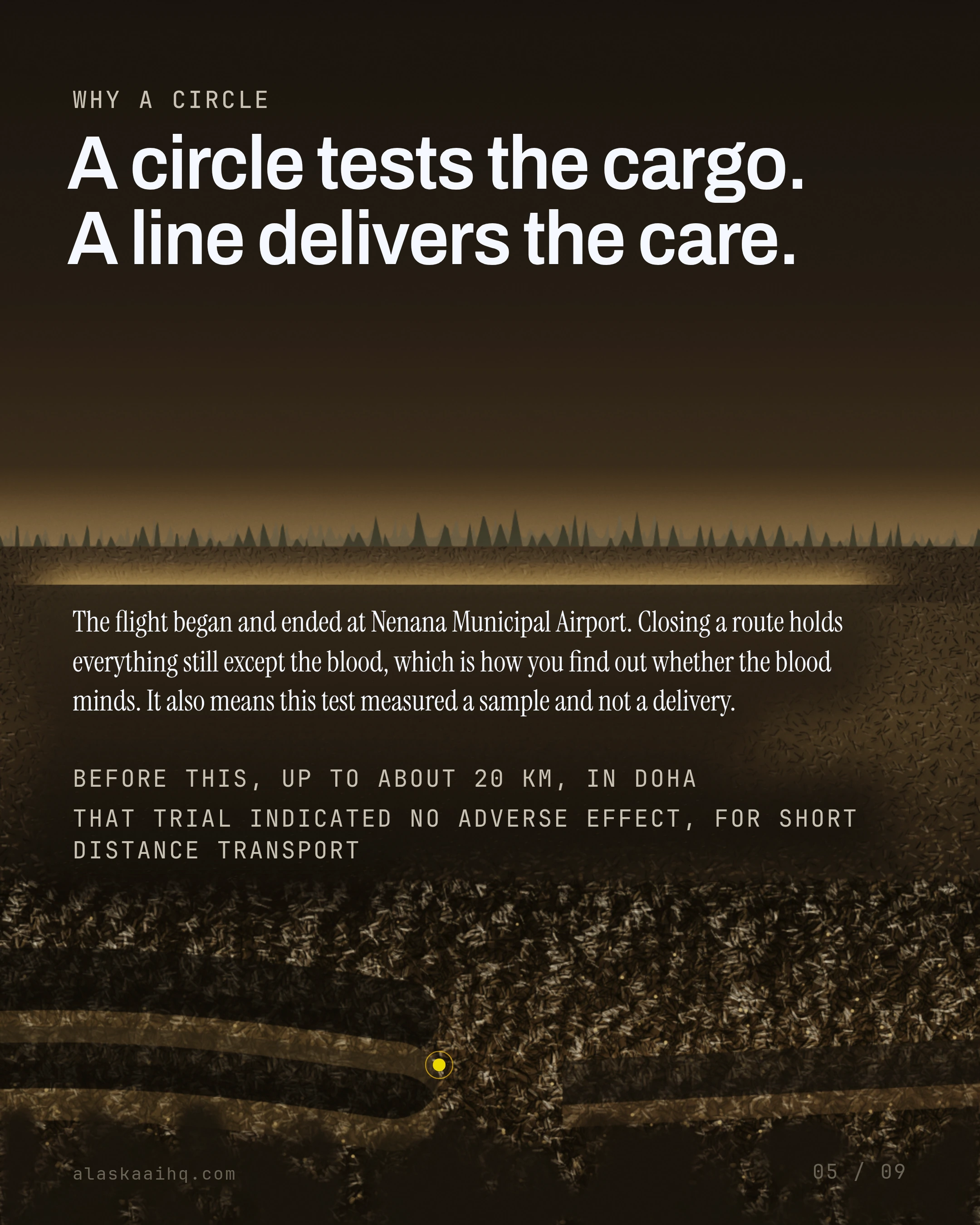 A circle tests the cargo. A line delivers the care. The flight began and ended at Nenana Municipal Airport.