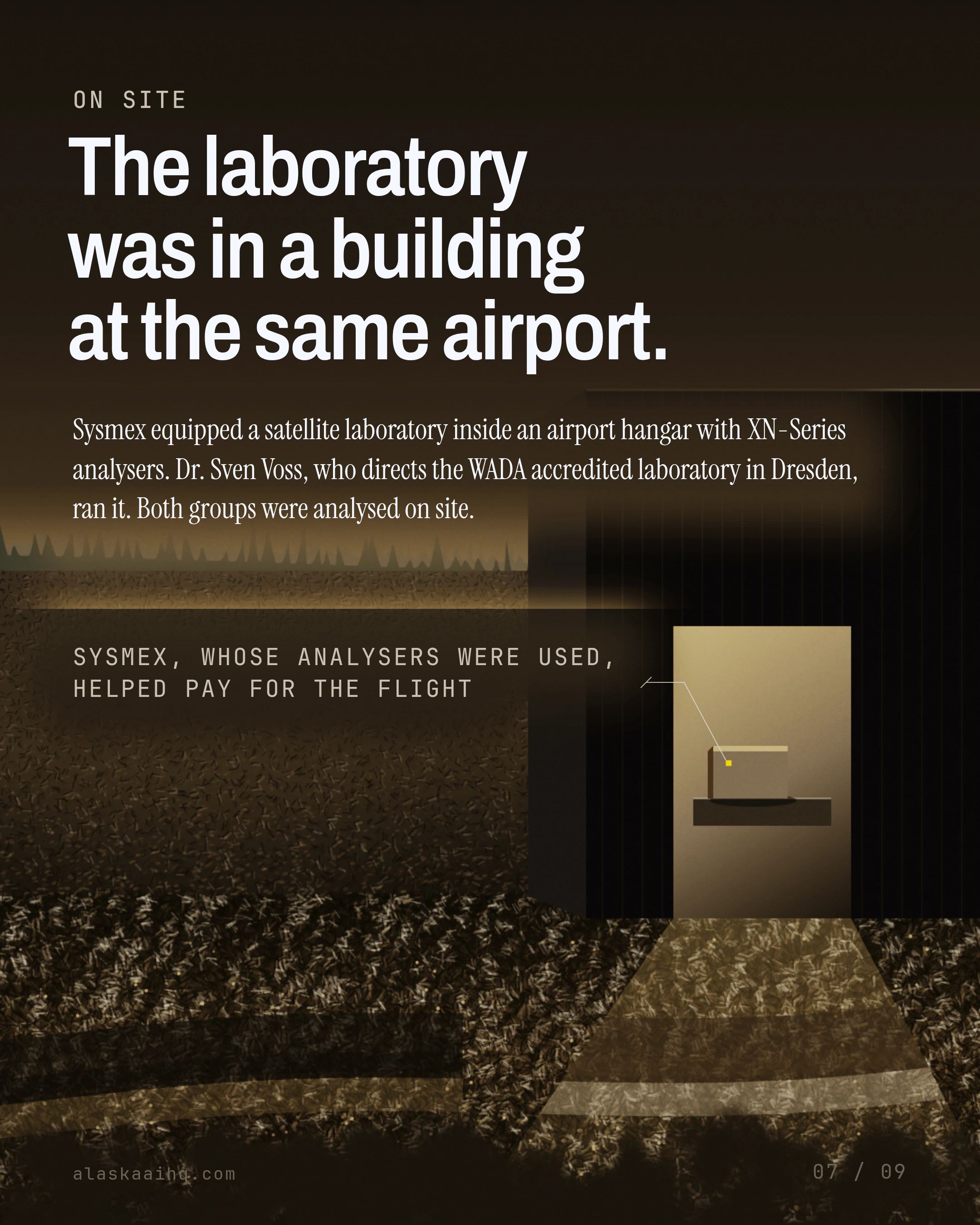 The laboratory was in a building at the same airport. Sysmex equipped a satellite laboratory inside an airport hangar with XN-Series analysers.