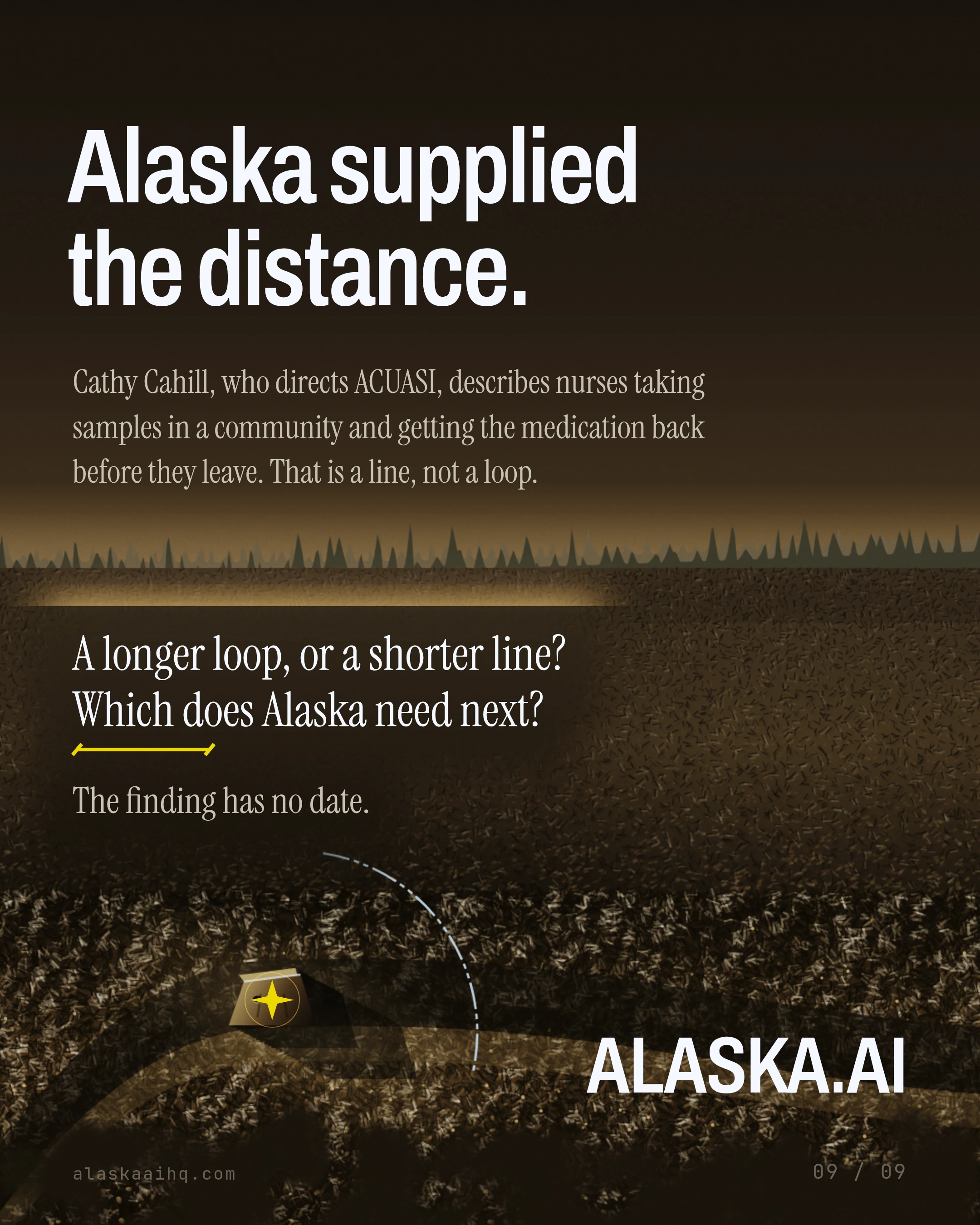 Alaska supplied the distance. Cathy Cahill, who directs ACUASI, describes nurses taking samples in a community and getting the medication back before they
