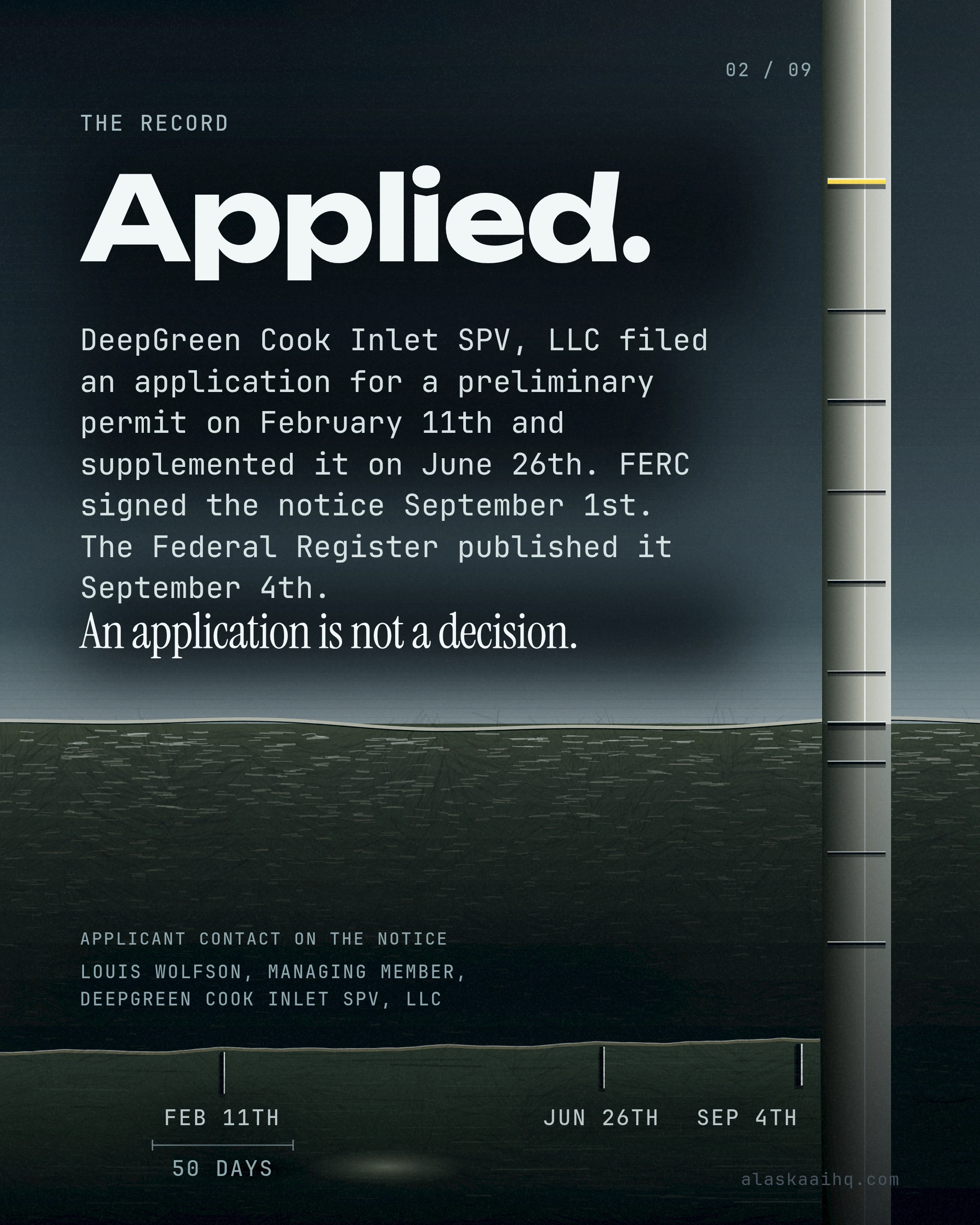 Applied. DeepGreen Cook Inlet SPV, LLC filed an application for a preliminary permit on February 11th and supplemented it on June 26th.