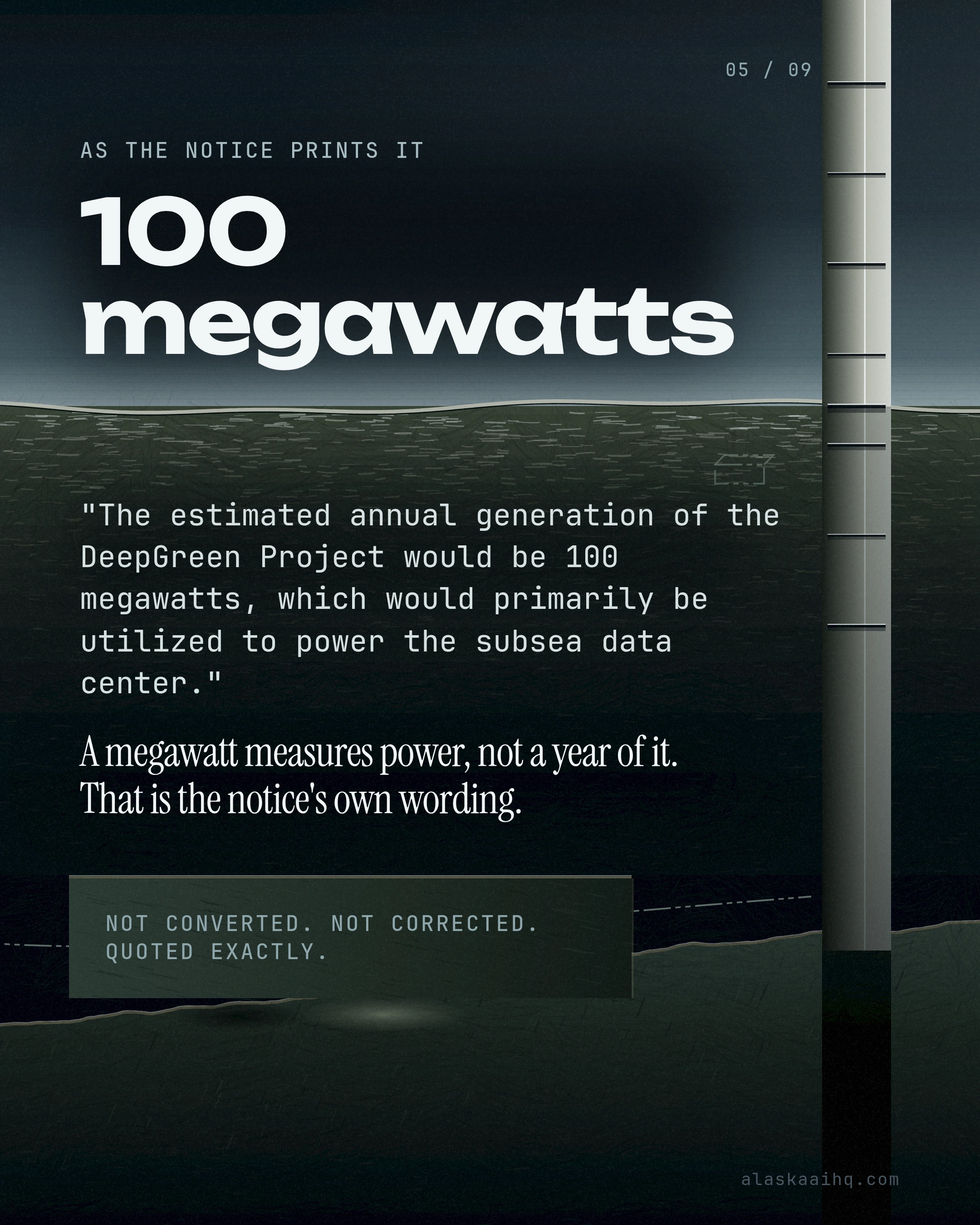 100 megawatts. "The estimated annual generation of the DeepGreen Project would be 100 megawatts, which would primarily be utilized to power the subsea data