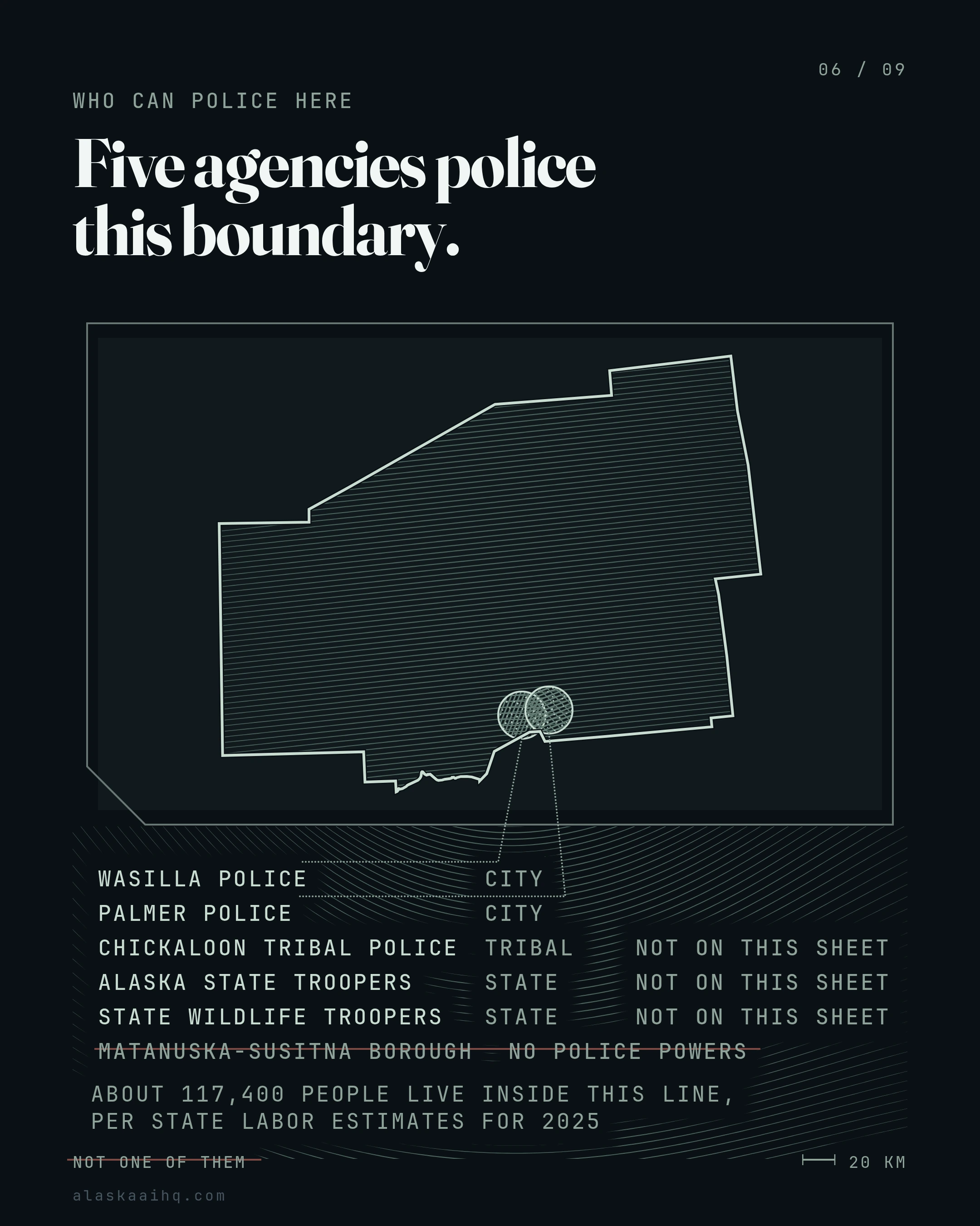 Five agencies police this boundary. ABOUT 117,400 PEOPLE LIVE INSIDE THIS LINE, PER STATE LABOR ESTIMATES FOR 2025