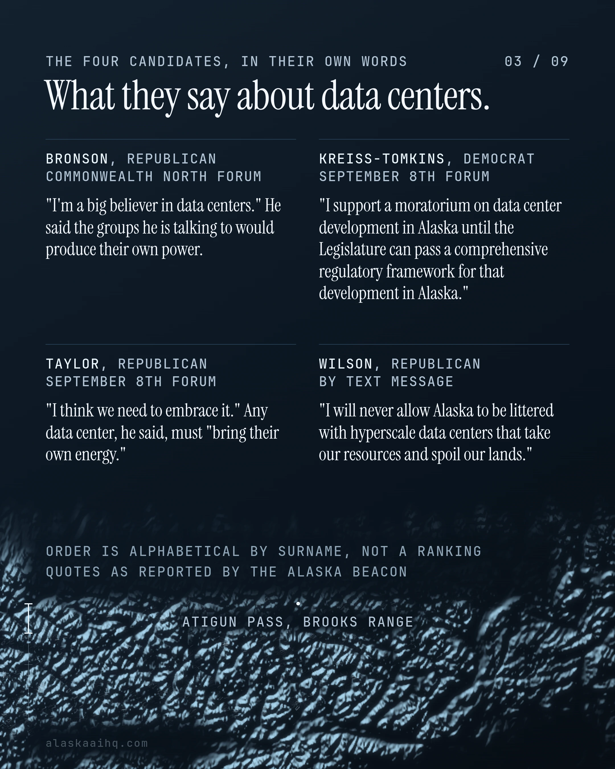 What they say about data centers. "I'm a big believer in data centers." He said the groups he is talking to would produce their own power (Bronson, Republican