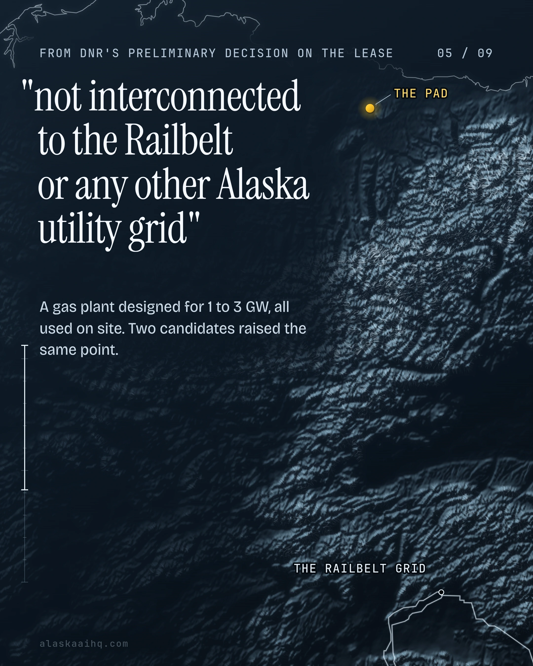 "not interconnected to the Railbelt or any other Alaska utility grid". A gas plant designed for 1 to 3 GW, all used on site.