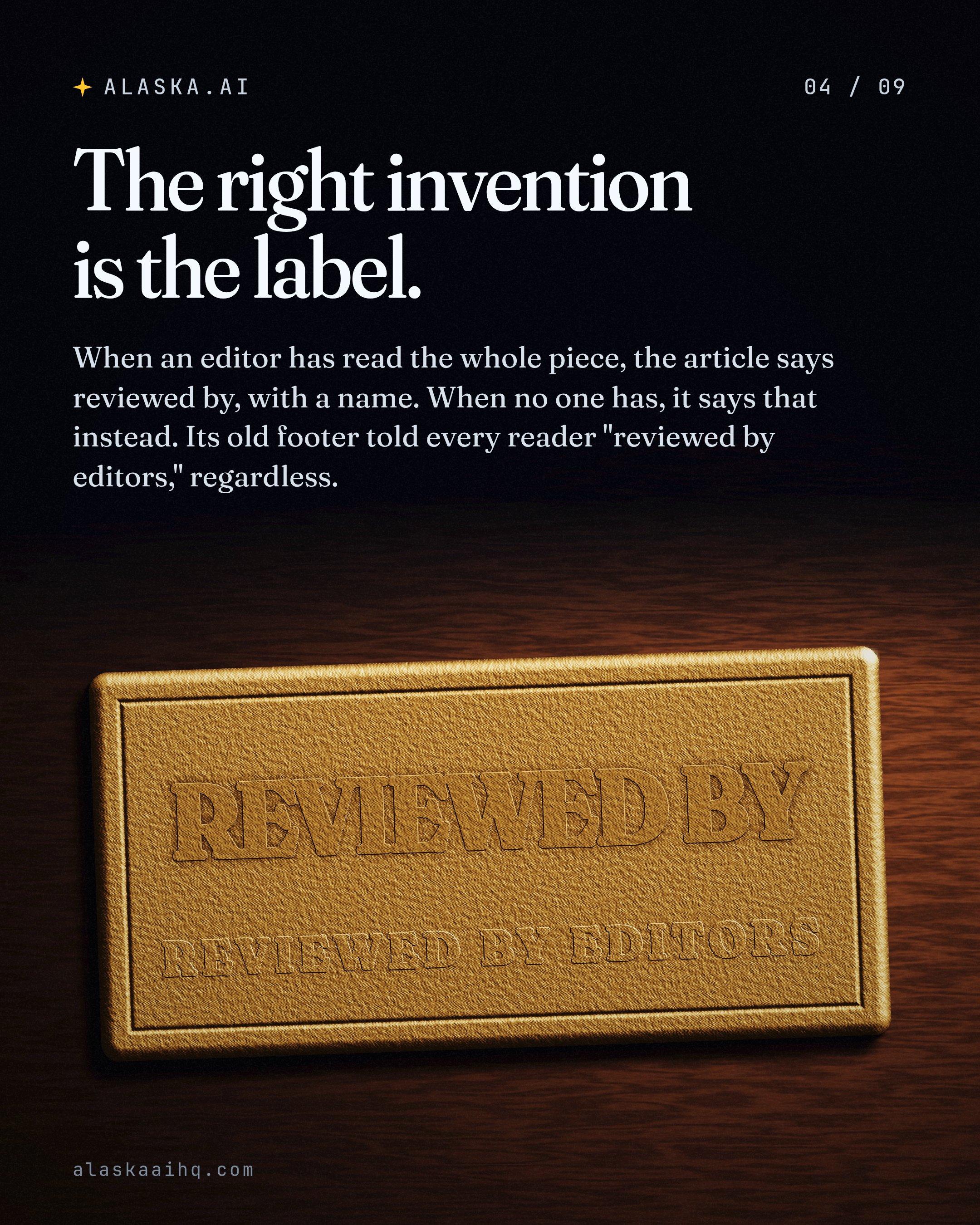 The right invention is the label. When an editor has read the whole piece, the article says reviewed by, with a name. When no one has, it says that instead.