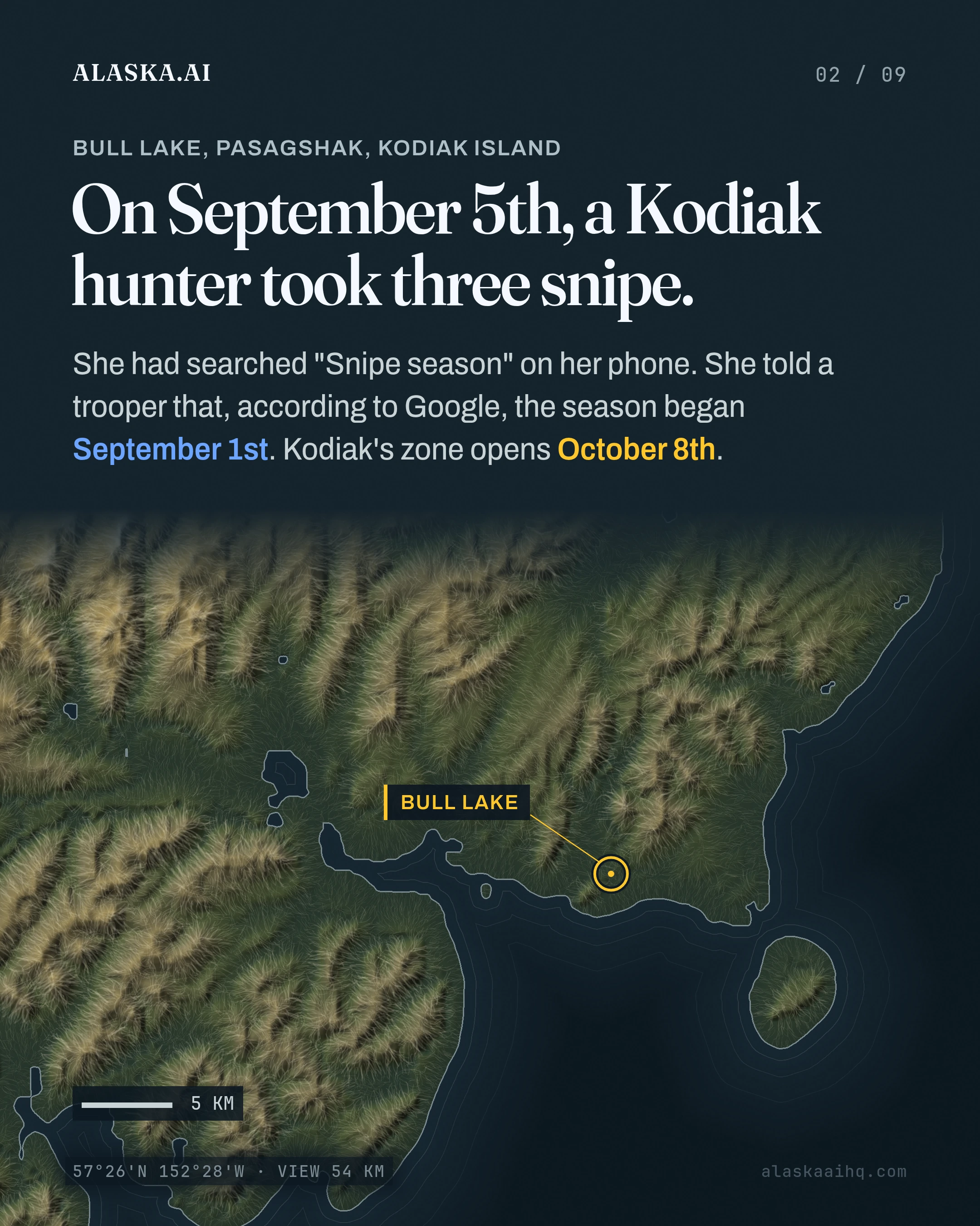 On September 5th, a Kodiak hunter took three snipe. She had searched "Snipe season" on her phone.
