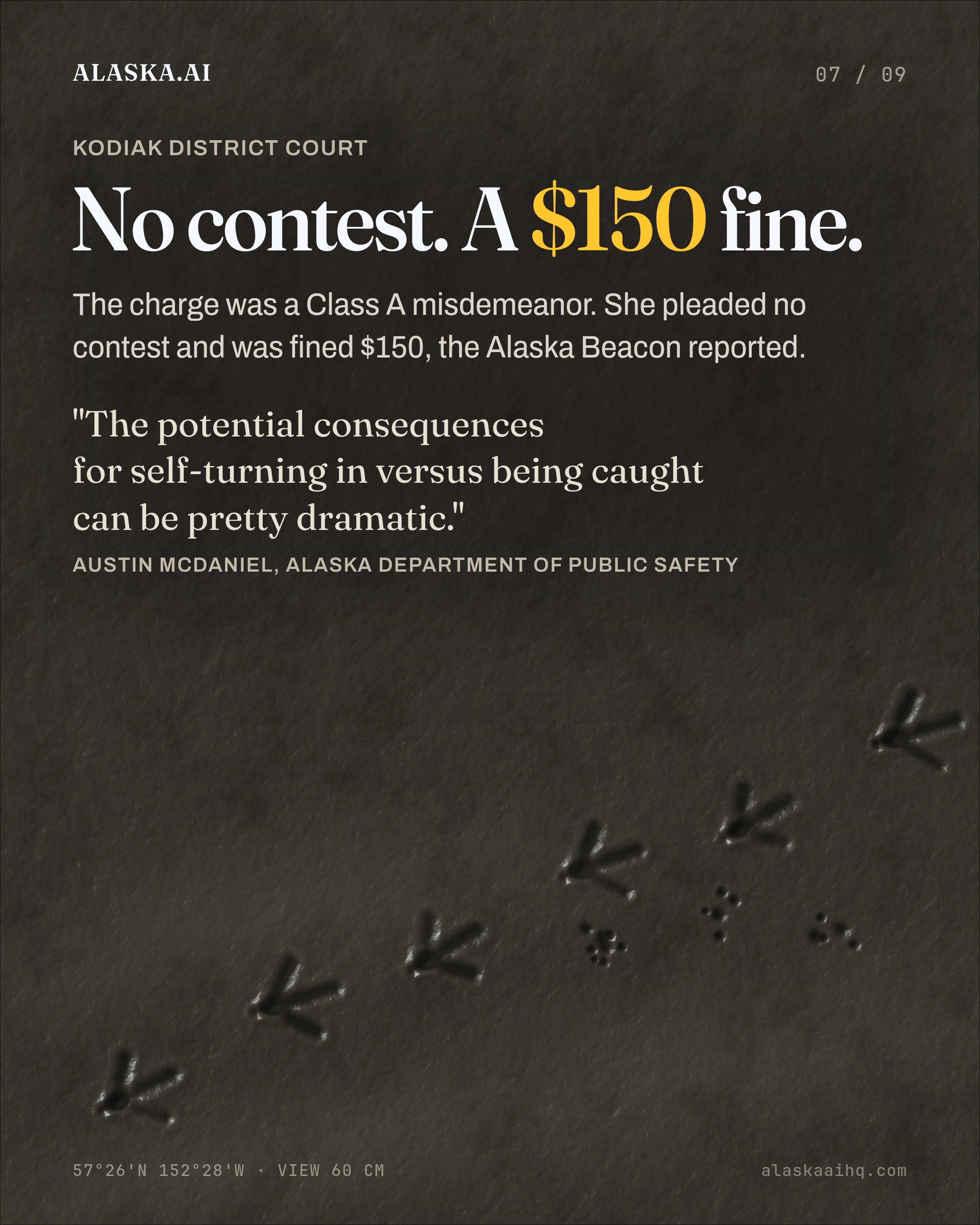 No contest. A $150 fine. The charge was a Class A misdemeanor. She pleaded no contest and was fined $150, the Alaska Beacon reported
