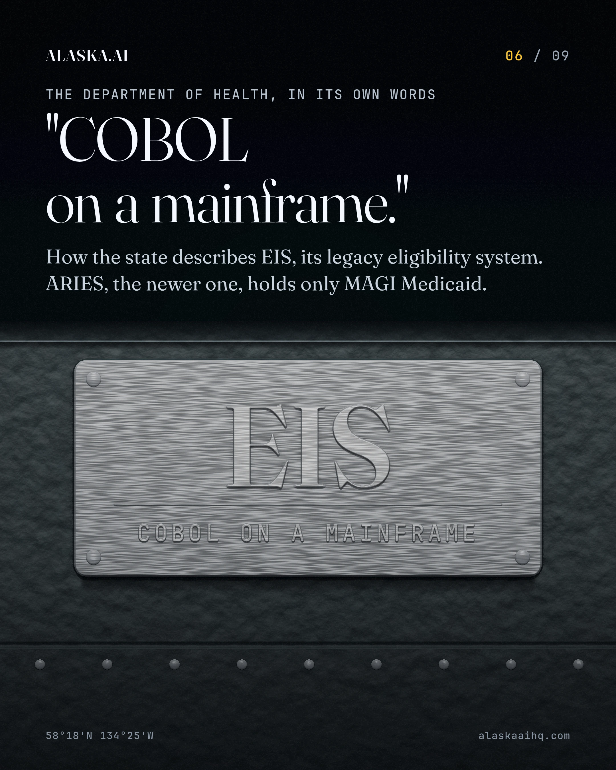 "COBOL on a mainframe.". How the state describes EIS, its legacy eligibility system. ARIES, the newer one, holds only MAGI Medicaid
