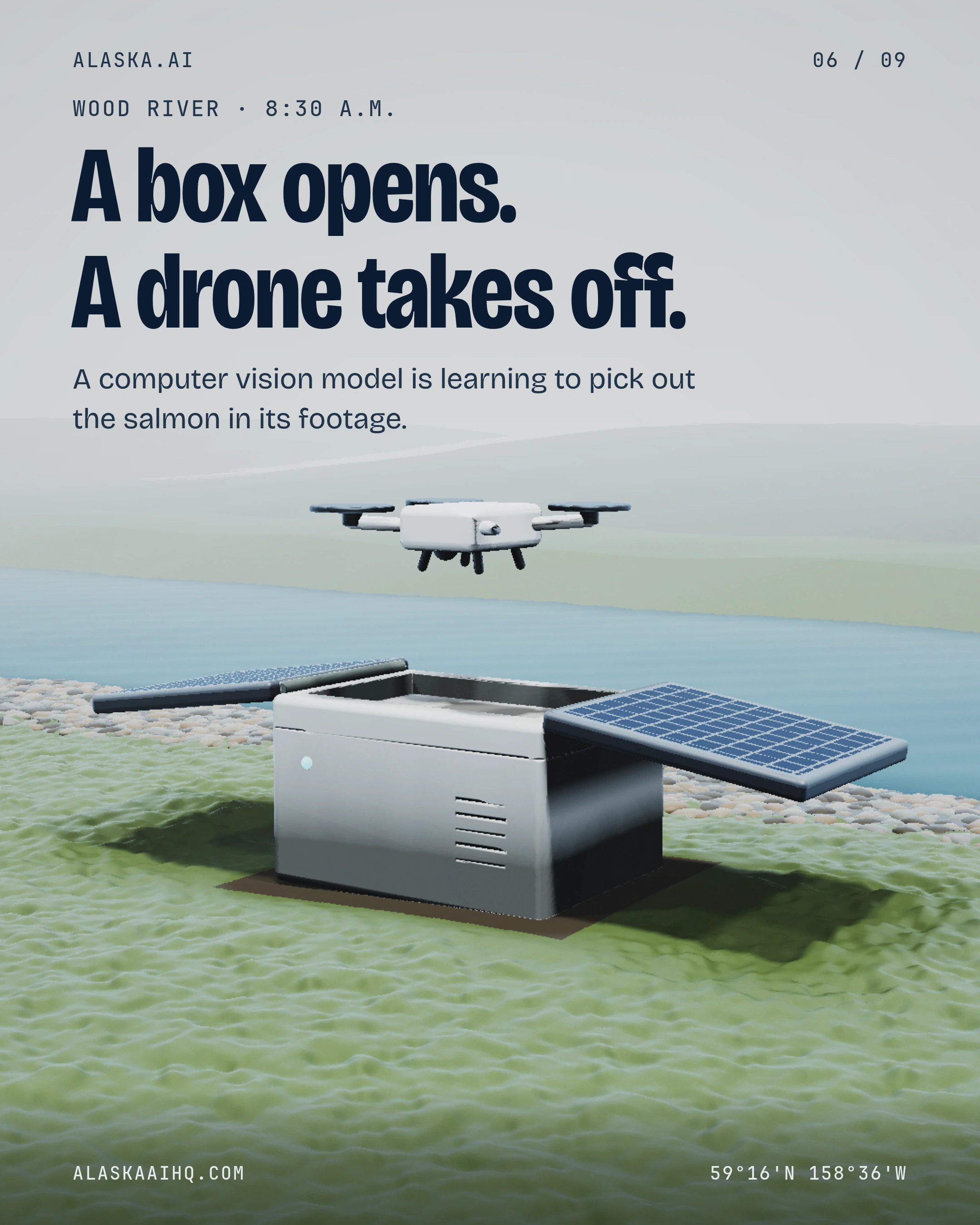 A box opens. A drone takes off. A computer vision model is learning to pick out the salmon in its footage