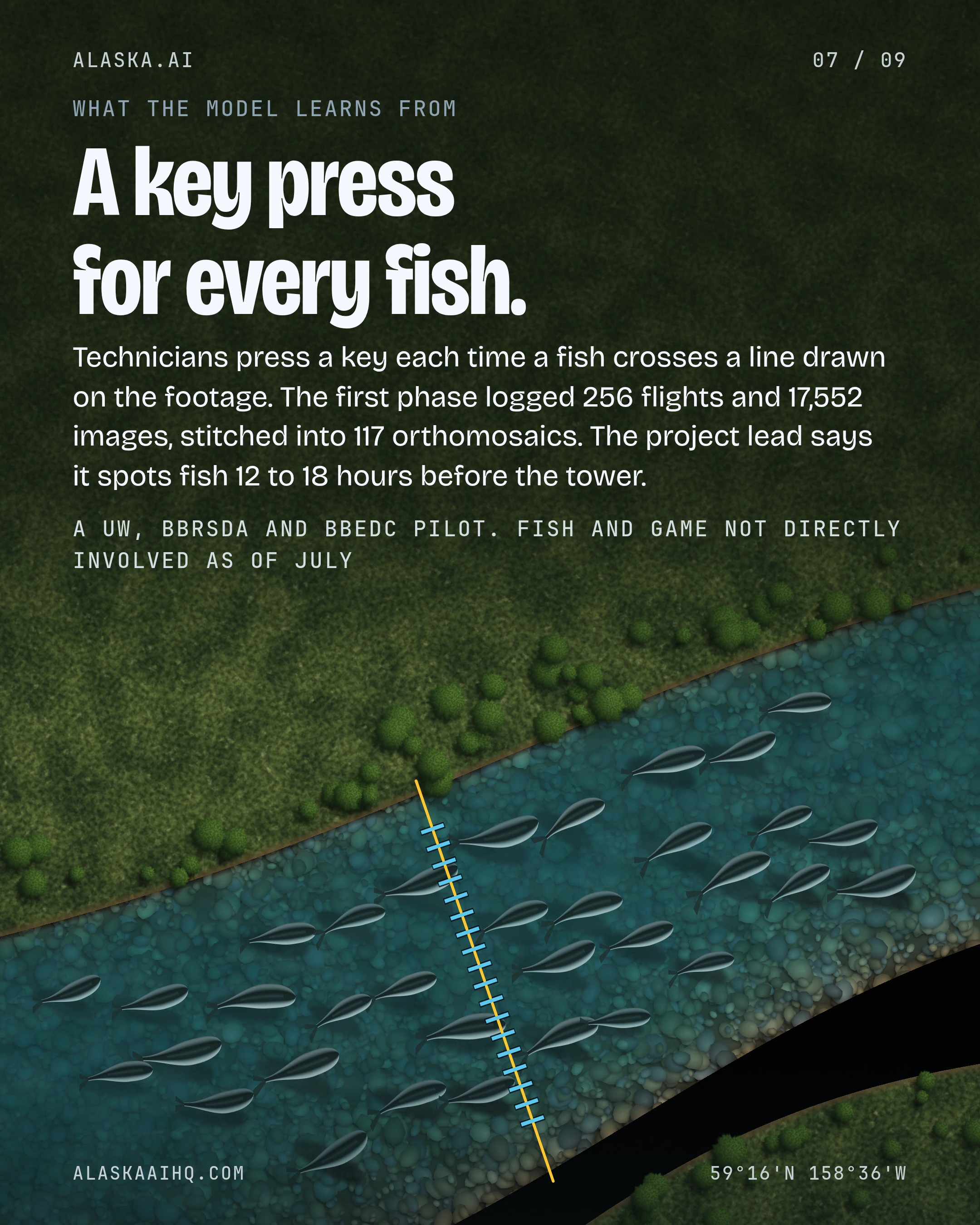 A key press for every fish. Technicians press a key each time a fish crosses a line drawn on the footage.