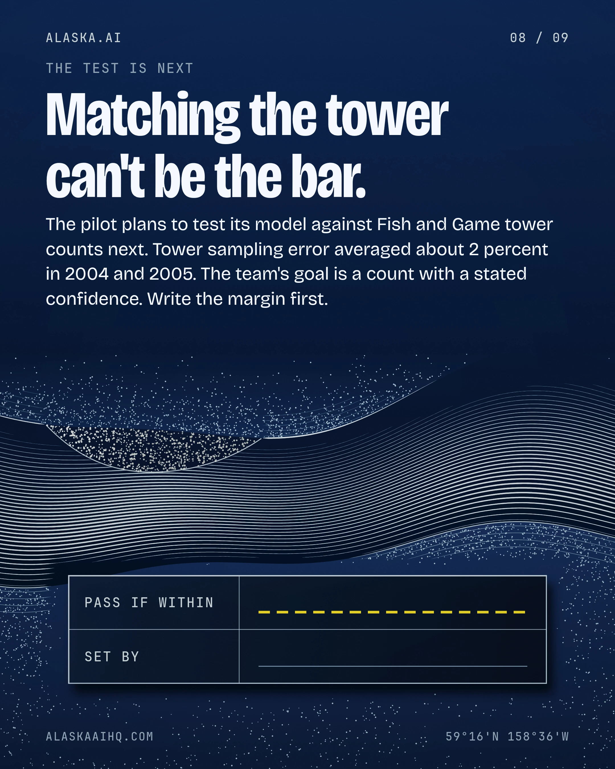 Matching the tower can't be the bar. The pilot plans to test its model against Fish and Game tower counts next.