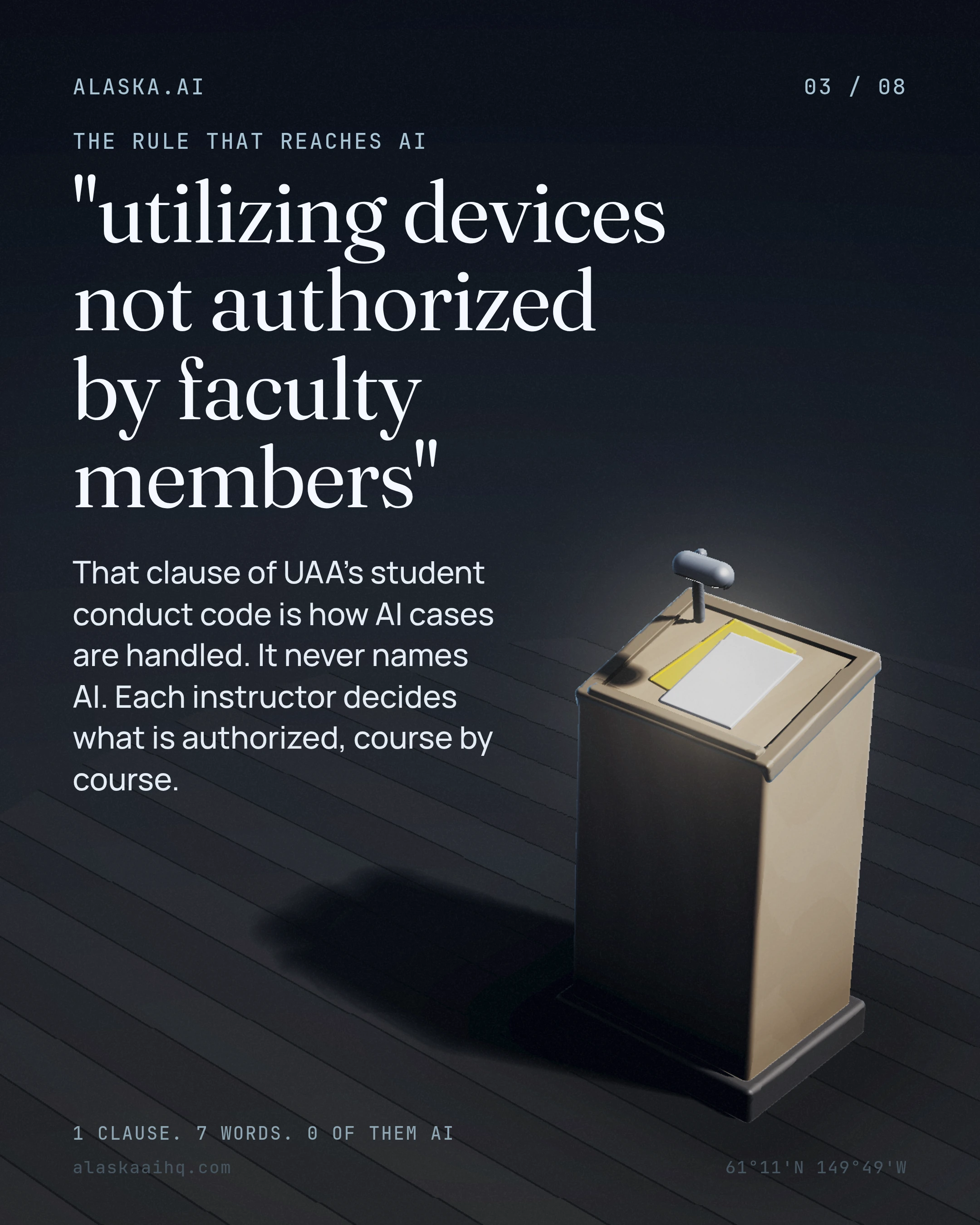That clause of UAA's student conduct code is how AI cases are handled. It never names AI. Each instructor decides what is authorized, course by course